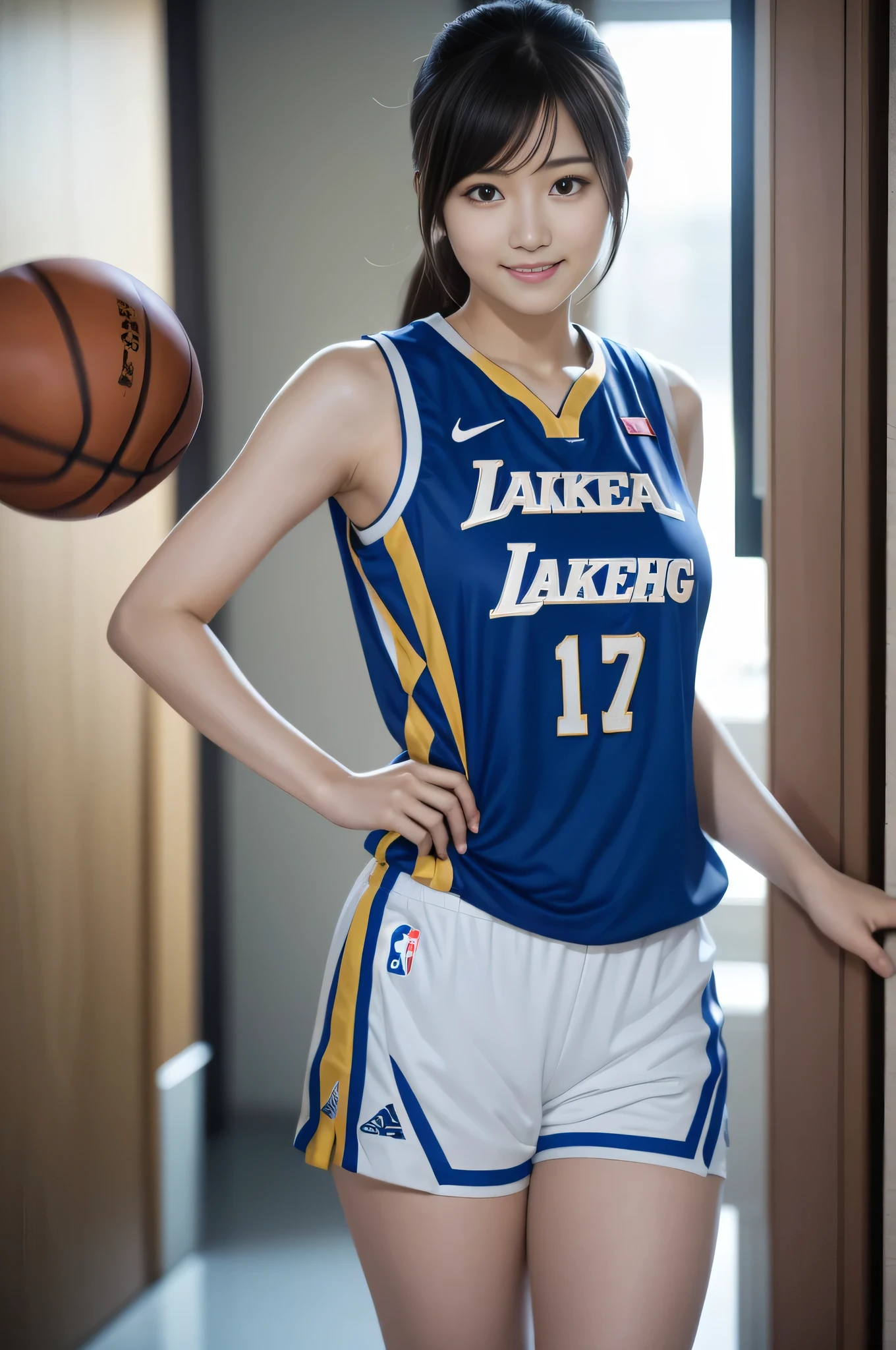 Asian woman in basketball uniform, wearing basketball jersey, white backgrounid, wearing nba jersey, cowboy  shot, longshot, Refreshing young Japan woman, 17 age,Cute gravure idol, full-body xianxia, model is wearing techtical vest, Smile, nffsw, masutepiece, awardwinning, 8K, Best Quality, Smile refreshingly, Haruka Ayase, assist々Kiki, Kana Hashimoto, Anatomically correct, awardwinning, nffsw, masutepiece, 8K