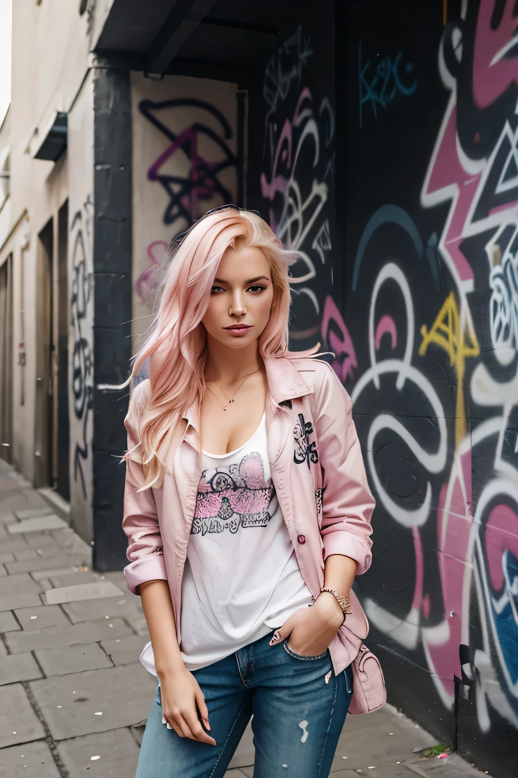 sensual woman, blonde with pink locks, girl dressed street style with fashionable cologne clothes in a city alley with graffiti walls, realistic image, high quality