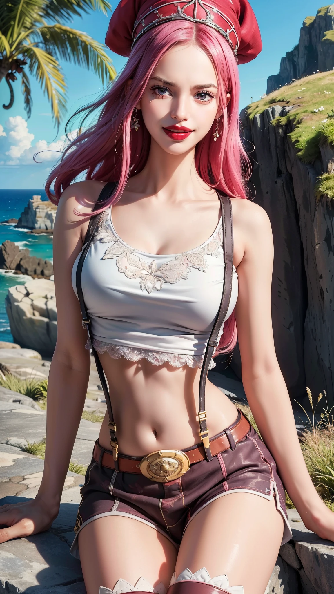 ultra realistic 8k cg, (((Ultra detailed backgrounds, Delicate pattern, intricately details, Highly detailed, Fine details))), Best quality, (Photorealistic:1.4),Beautiful lighting, absurderes, RAW photo, filmgrain, (((Medium breasts, Slim girl))), JewelryBonney, 1girll, Solo, Long hair, Pink hair, Hat, ((Slim girl, Medium breasts, hyperdetailed lips, lipstick)), Red lips, (upper legs, Shorts, Suspenders, Boots, Purple eyes), navel, Smile, midriff, food, Crop top, belt, grin, Suspender shorts, ((complex detailed background, barren land, Rocks, Ocean, setting in nature)), (((Close-up, Portrait)))