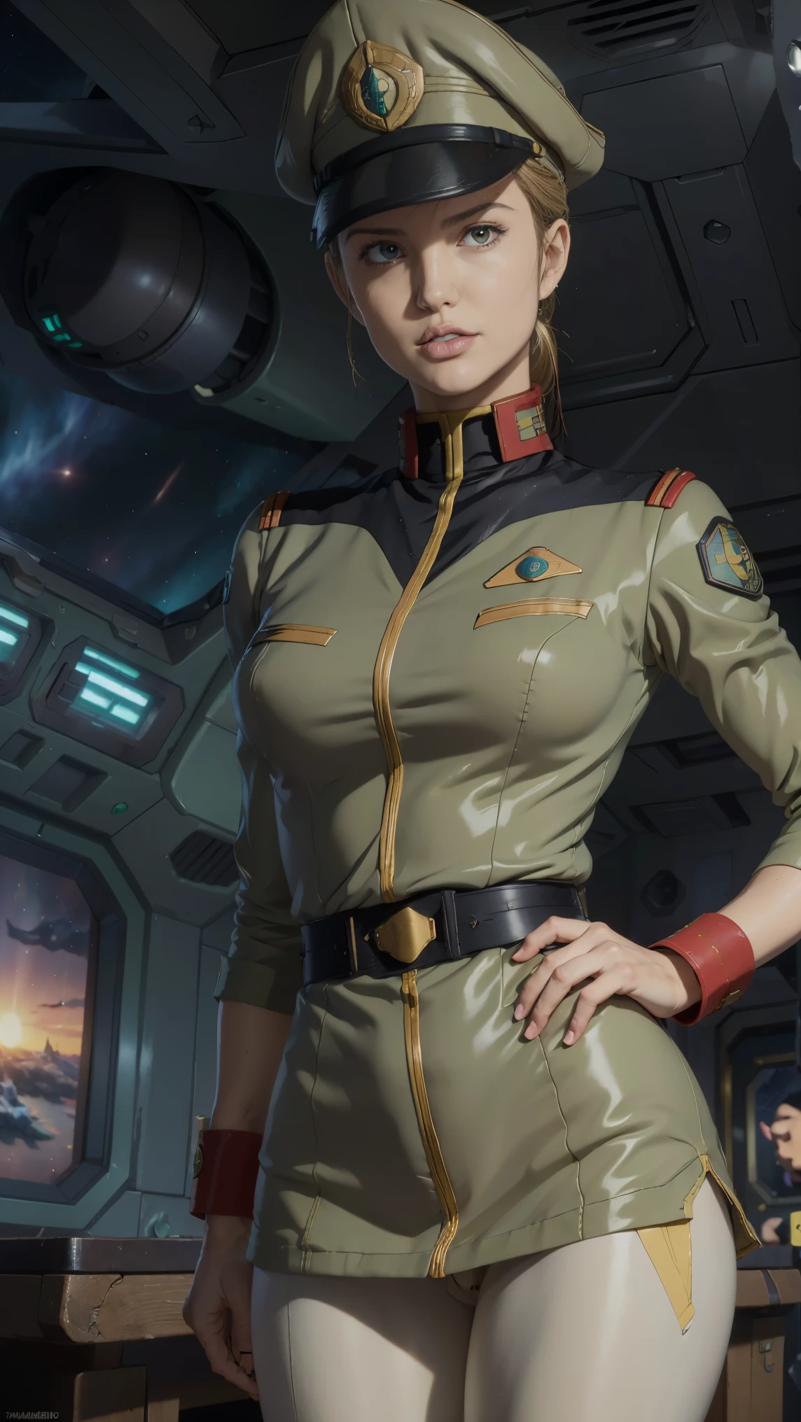 (((masterpiece,highest quality,In 8K,Super detailed,High resolution,anime style,absolutely))),A female officer of the Earth Federation Forces is standing,(alone:1.5),((ten huts:1.5)),(((seriously;1.5))),(((Salute with your right hand;1.5))),(((stretch your left hand straight:1.5))),(Angelina Jolie:1.5),(((The background is a military base 1.5))),((sunset:1.5)),((blur background:1.5))),break (Wearing the uniform of the Earth Federation Forces:1.5),(wearing federal employee&#39;hat of:1.5),(Beautiful woman:1.5),(Detailed facial depiction:1.5),(wallpaper:1.5),(whole body:1.5),((overlook:1.5))