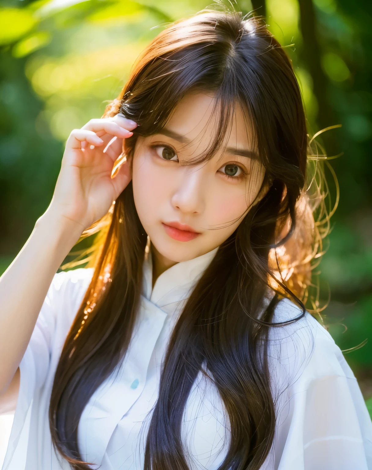 there is a woman with long hair wearing a white shirt, ulzzang, korean girl, heonhwa choe, sakimichan, xintong chen, sun yunjoo, lee ji - eun, lee ji-eun, wenfei ye, jaeyeon nam, park ji-min, jinyoung shin, chiho, yun ling, gongbi