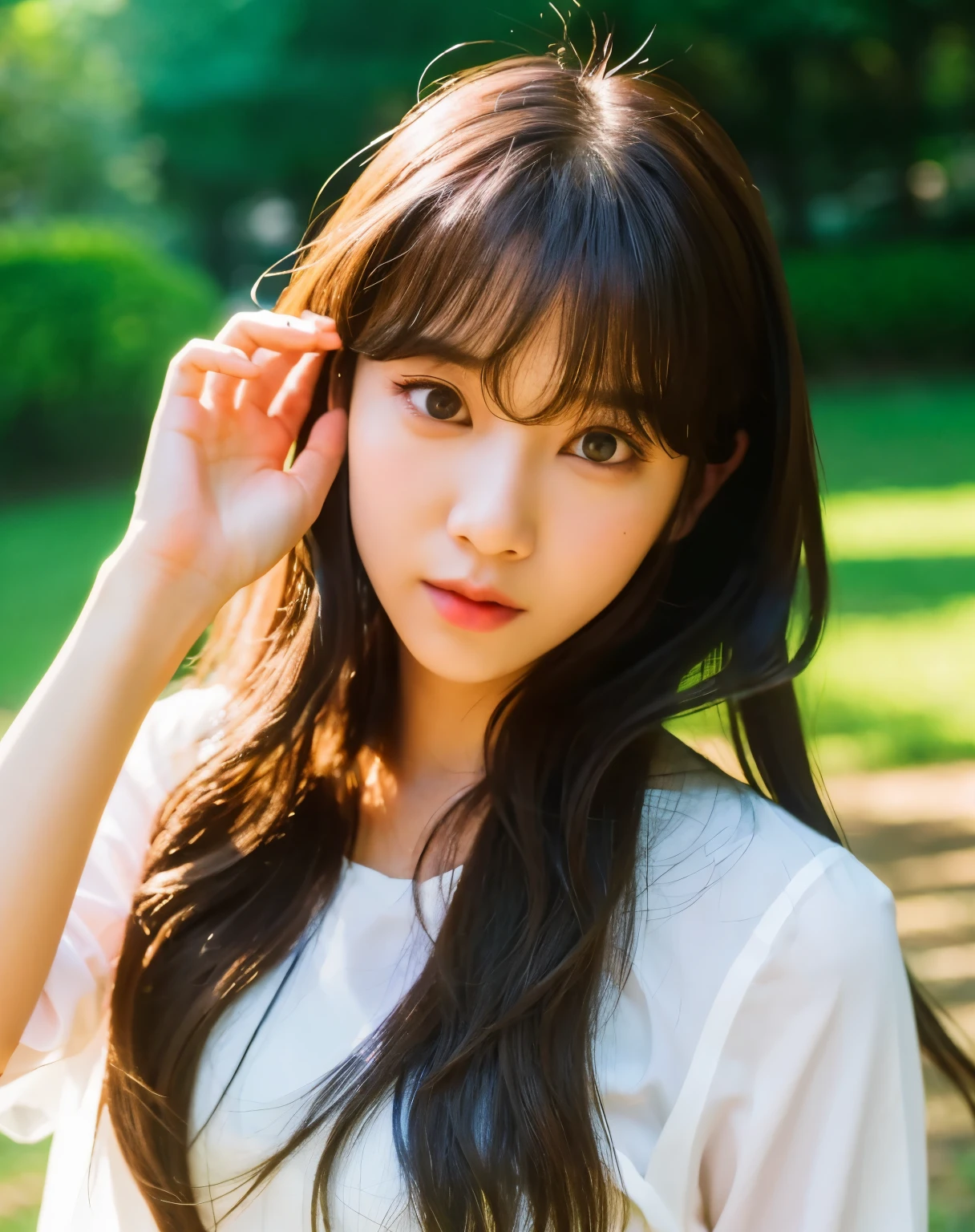 there is a woman with long hair wearing a white shirt, ulzzang, korean girl, heonhwa choe, sakimichan, xintong chen, sun yunjoo, lee ji - eun, lee ji-eun, wenfei ye, jaeyeon nam, park ji-min, jinyoung shin, chiho, yun ling, gongbi