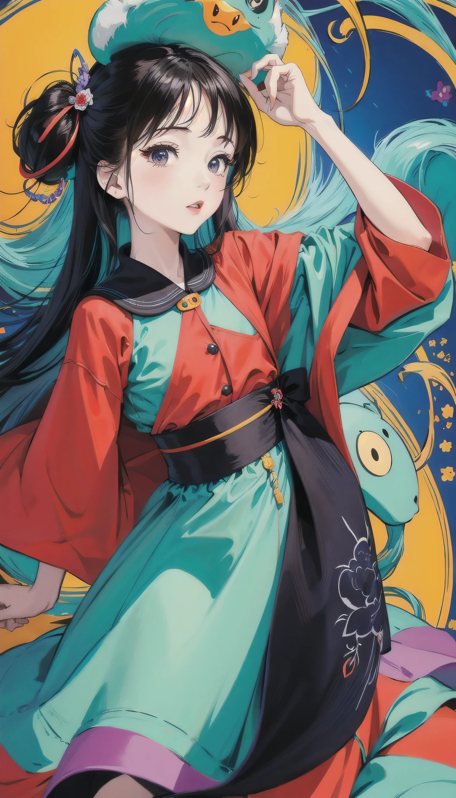  (flat color:1.1),(colorful,yoneyamamai:1.3),(masterpiece:1.2),best quality,masterpiece,original,extremely detailed wallpaper,looking at viewer,1girl,solo,floating colorful water,
