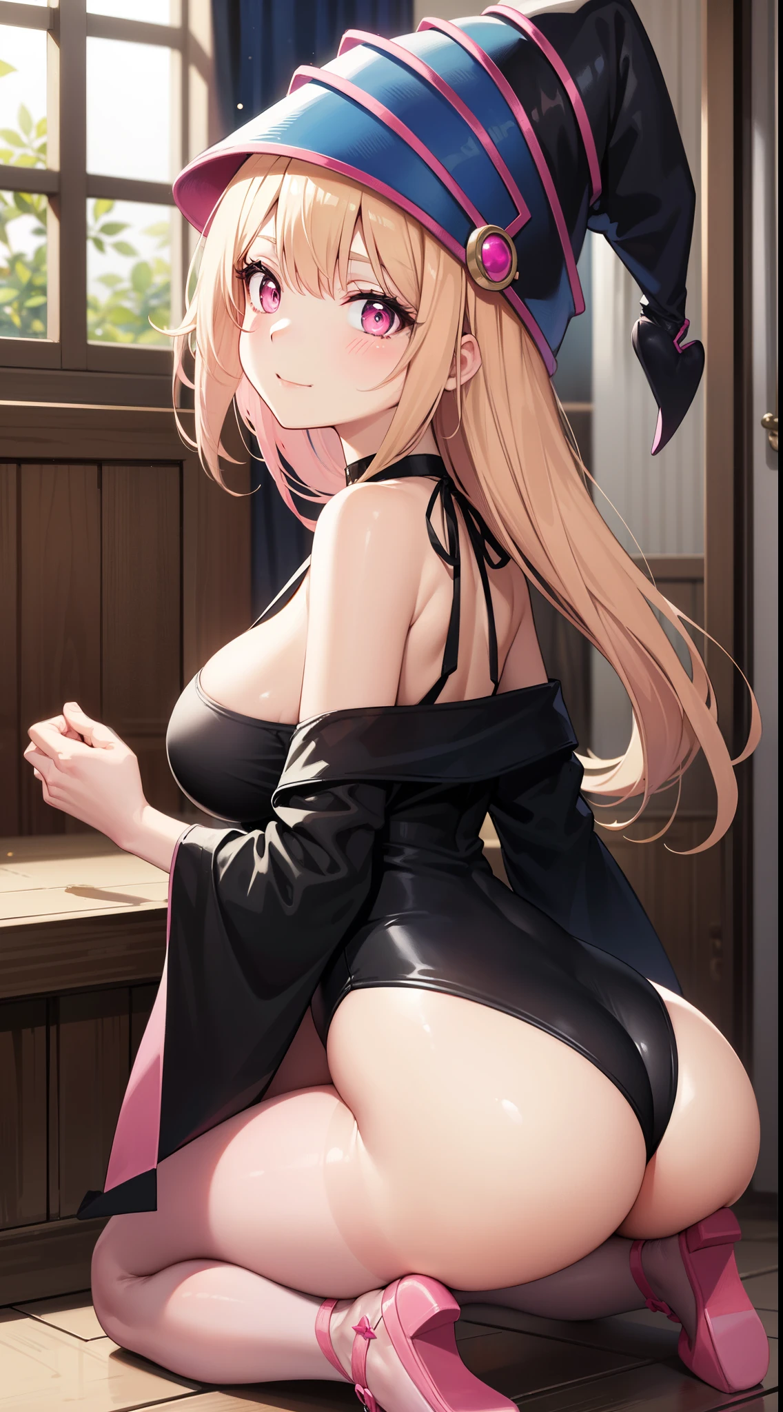 darkmagiciangirl,devil ornament, dark magician,black latex costume, girl,vontage,lace costume, blonde hair, choker, (pink eyes:1.5),empty pupils,empty eyes,
BREAK bare shoulders, pink footwear,sexy,glamour,growing eyes, blush, blush stickers, cleavage, collarbone, duel monster, hat, off shoulder, pentacle, black wizard hat, (black clothes:1.5),
BREAK looking at viewer,
BREAK indoors, intricate room,
BREAK (masterpiece:1.2), best quality, high resolution, unity 8k wallpaper, (illustration:0.8), (beautiful detailed eyes:1.6), extremely detailed face, perfect lighting, extremely detailed CG, (perfect hands, perfect anatomy),pantyhose,leotard,shiny skin,from behind,stick out ass,seductive smile,heel