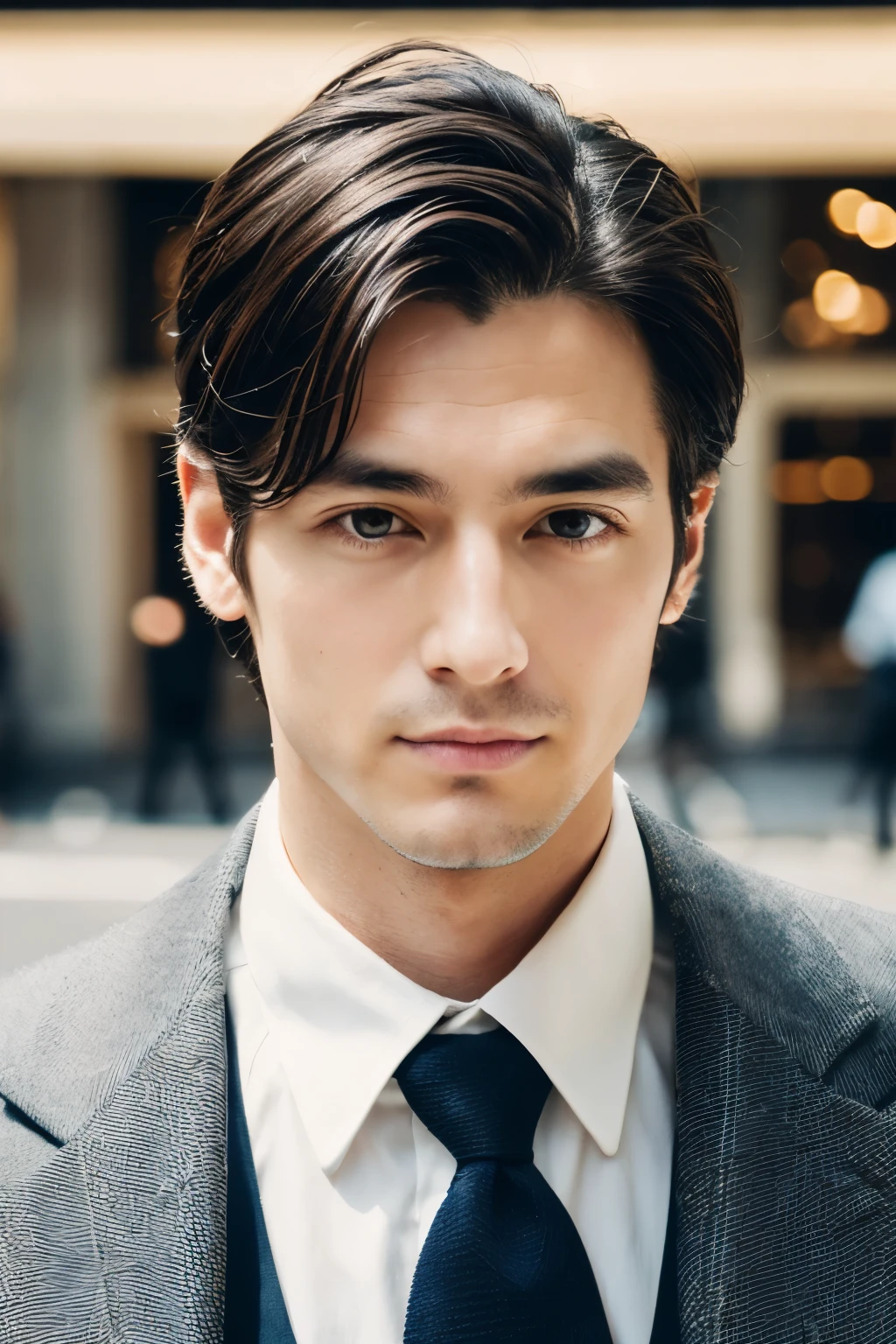 Portrait of a 30 year old round face cinematic handsome man、white button down shirt、photograph, male perfection, black eye, surreal, 8K - V4、50 year old dandy gentleman、gentle eyes、Look straight ahead and look at the camera、gentle expression、japanese model、Paris city center、