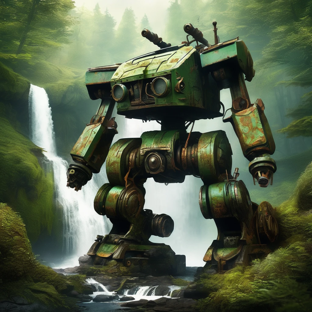 Key design elements include an enormous mecha covered in moss and rust abandoned in the factory set against the backdrop of waterfall and forest. Incorporating a dieselpunk style with retro machinery and steam power aesthetics. Design techniques focus on digital spray technique for detailed depiction of moss texture and rust detailing, color contrasts between the moss and rust, perspective drawing for the sense of grandeur and mystery, and environmental rendering for a tranquil and mysterious atmosphere.

