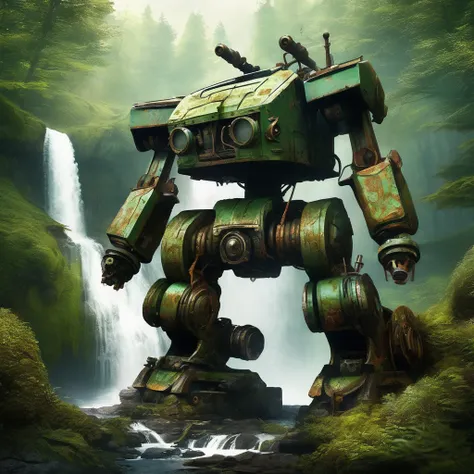 key design elements include an enormous mecha covered in moss and rust abandoned in the factory set against the backdrop of wate...