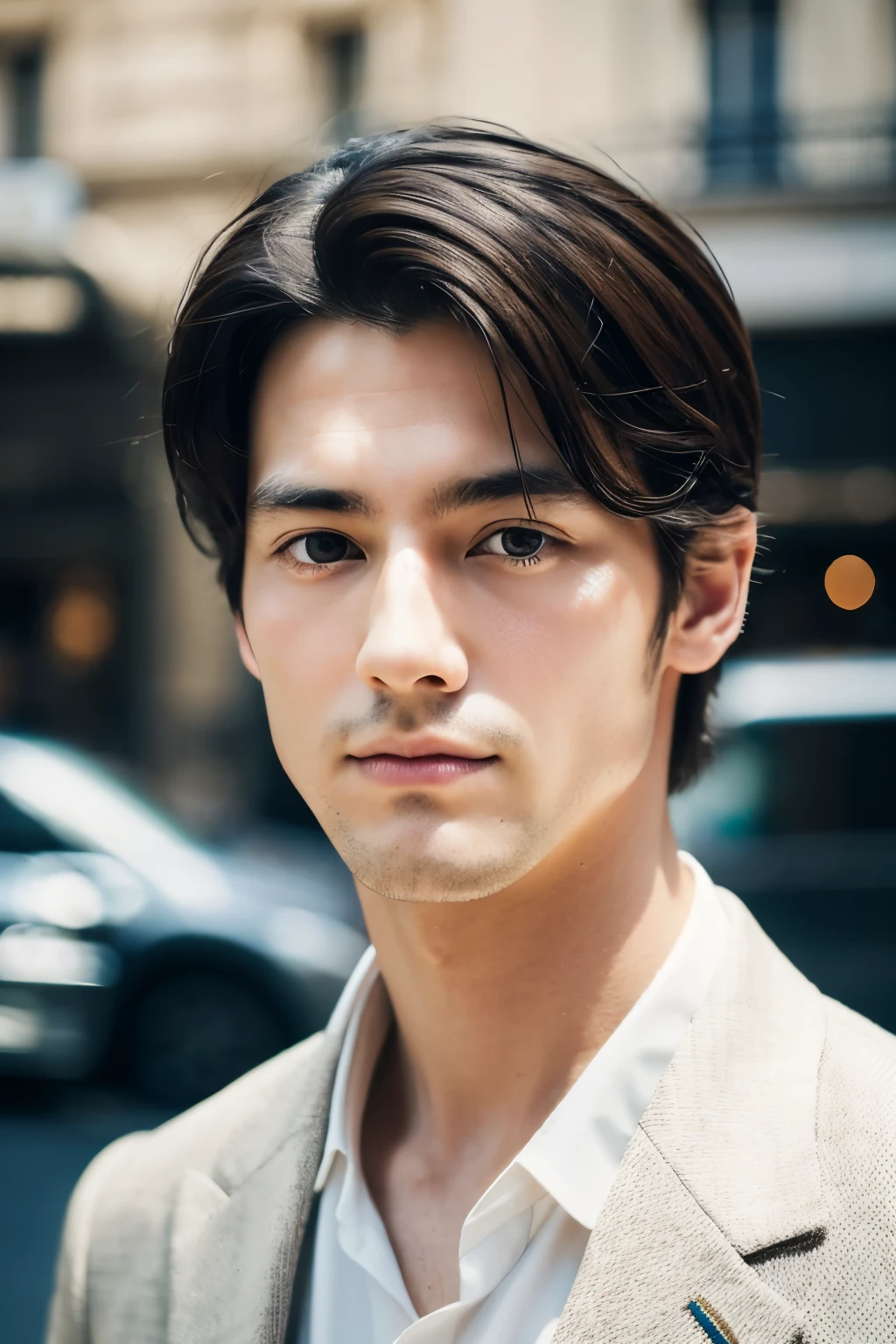 Portrait of a 30 year old round face cinematic handsome man、white button down shirt、photograph, male perfection, black eye, surreal, 8K - V4、50 year old dandy gentleman、gentle eyes、Look straight ahead and look at the camera、gentle expression、japanese model、Paris city center、