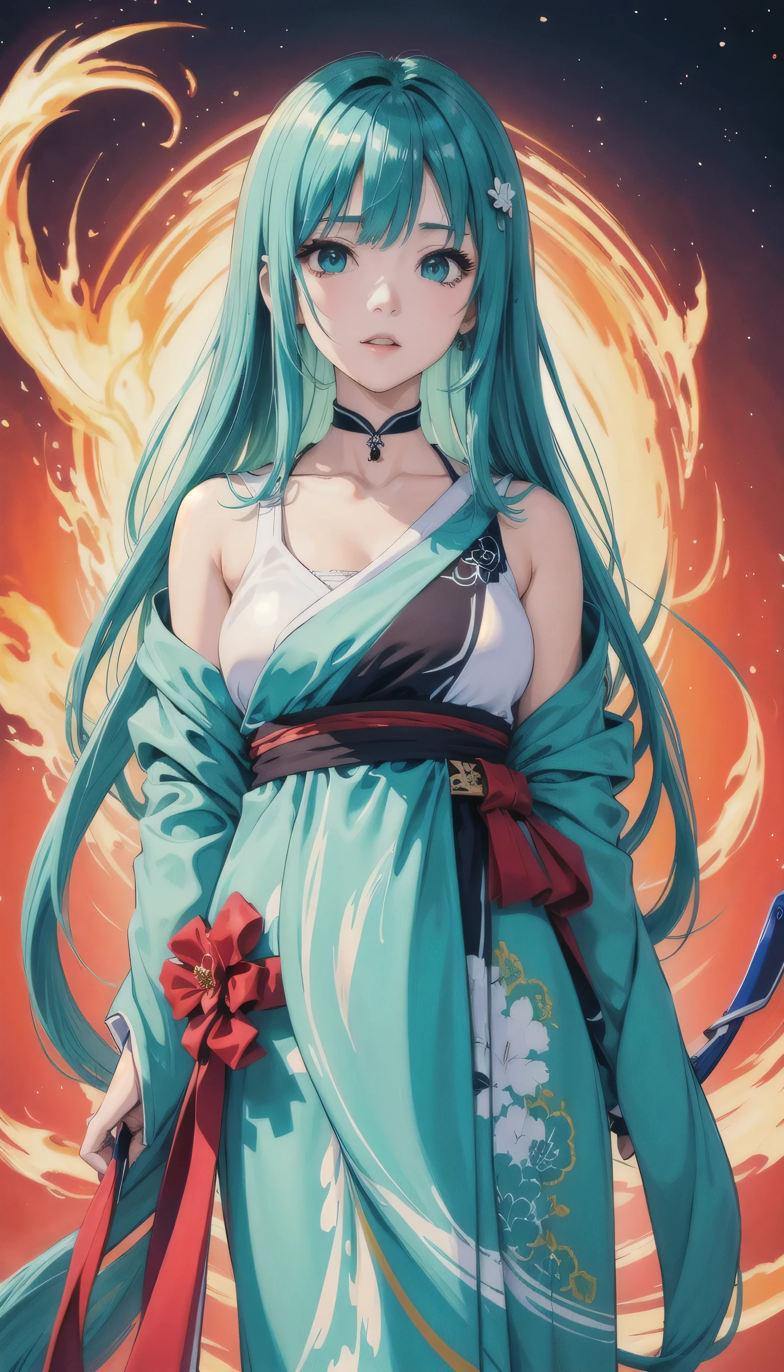 Zen painting illustration,anime art style,The girl in 'Fluid Fragments',morphing seamlessly between an array of abstract teal compositions,each transformation transcending traditional definition and expectation,close up,