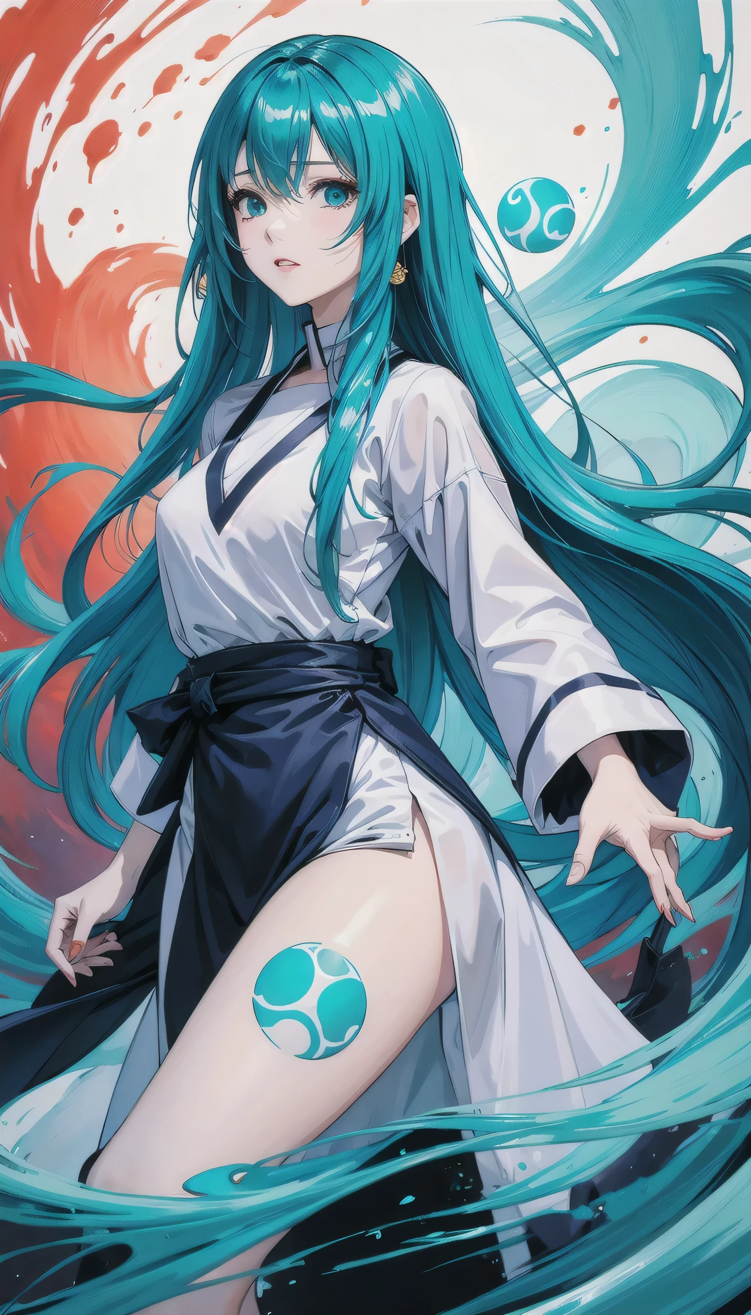 Zen painting illustration,anime art style,The girl in 'Fluid Fragments',morphing seamlessly between an array of abstract teal compositions,each transformation transcending traditional definition and expectation,close up,