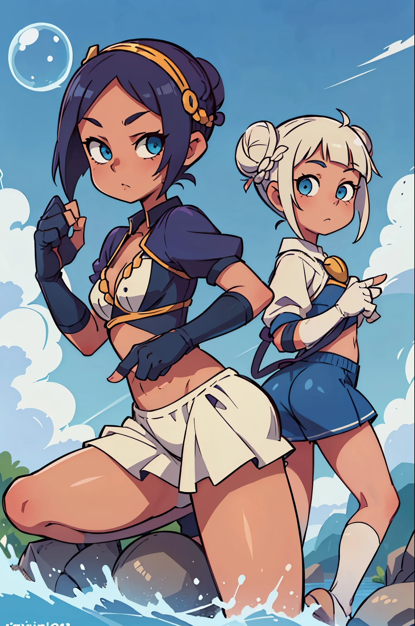 Beth,Double ponytail,Maiden,cuddly,mischievous,Smileing,emulation,Chest half naked
