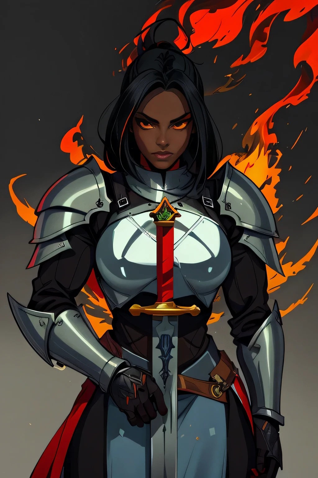 (masterpiece,best quality,absurdres,beautiful,aesthetic,detailed,cell shading),1girl,solo,cowboy shot,medieval,fantasy,knight,black hair, ebony skin,,wearing full armor,holding sword, r1ge,fire,red aura