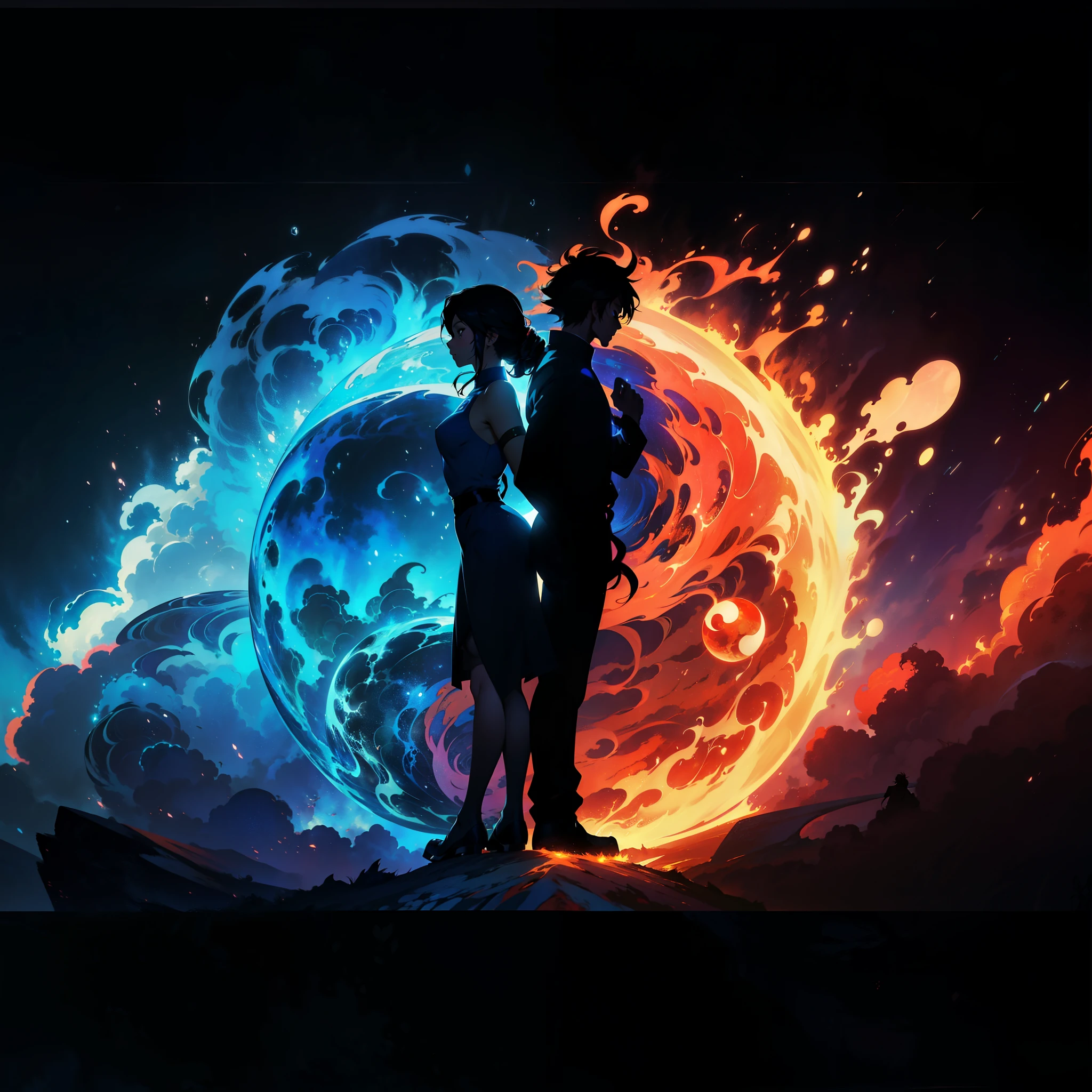 anime couple silhouettes in front of a colorful background, anime style 4 k, 4k anime wallpaper, beautiful avatar pictures, anime wallpaper 4k, anime wallpaper 4 k, cyril rolando and goro fujita, anime art wallpaper 4 k, anime art wallpaper 4k, orange fire/blue ice duality!, hd anime wallaper, legend of korra