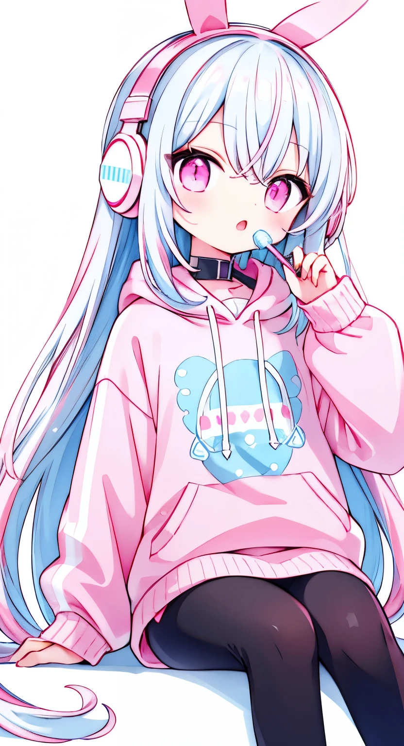 light blue long hair,Pink and white sweatshirt,pink eyes,black headphones,Lollipop in mouth