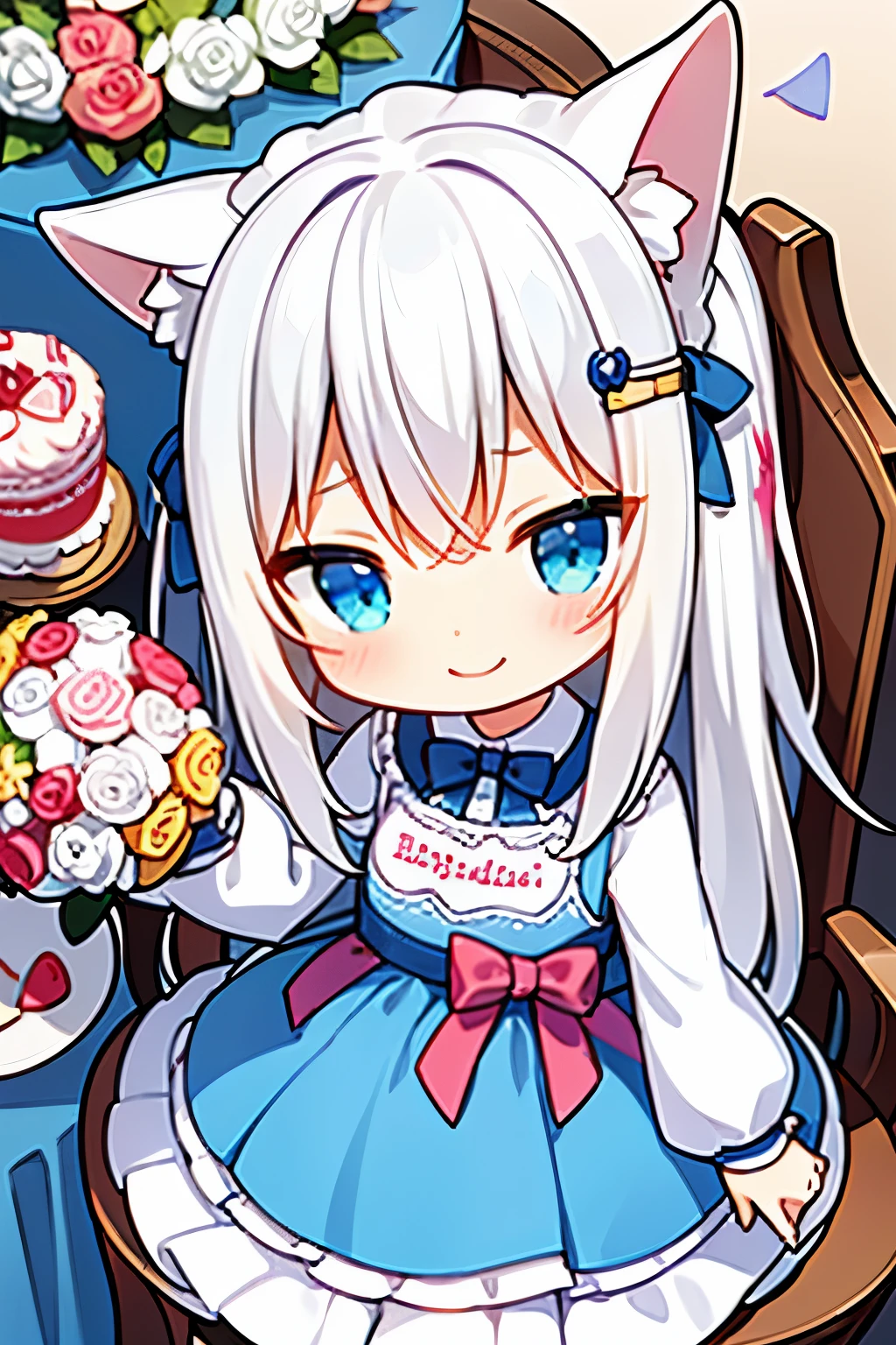 (In 8K, best quality, muste piece:1.2)、ultra high resolution、chibi,1 cute girl,ultra-detailed face,detailed eyes,white rabbit ears,(((holding bouquet))),white hair,cute eyes,(blue glare),ta fashion,smile, white rabbit tail,surprised,professional writing,BREAK,sitting on chair, (birthday cake:1.2),(and the letters “Happy Birthday”are drawn on the birthday cake),There are strawberries and candles on top of the birthday cake.,table
