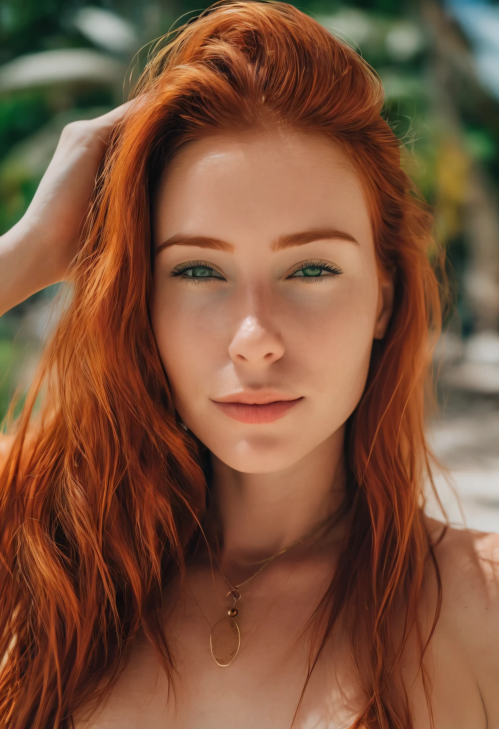 A 24-year-old young woman, green eyes, model, natural red hair, with a gorgeous hairstyle and a gorgeous face, with a figurine body, natural medium breasts, slim waist wearing a fashion dress 