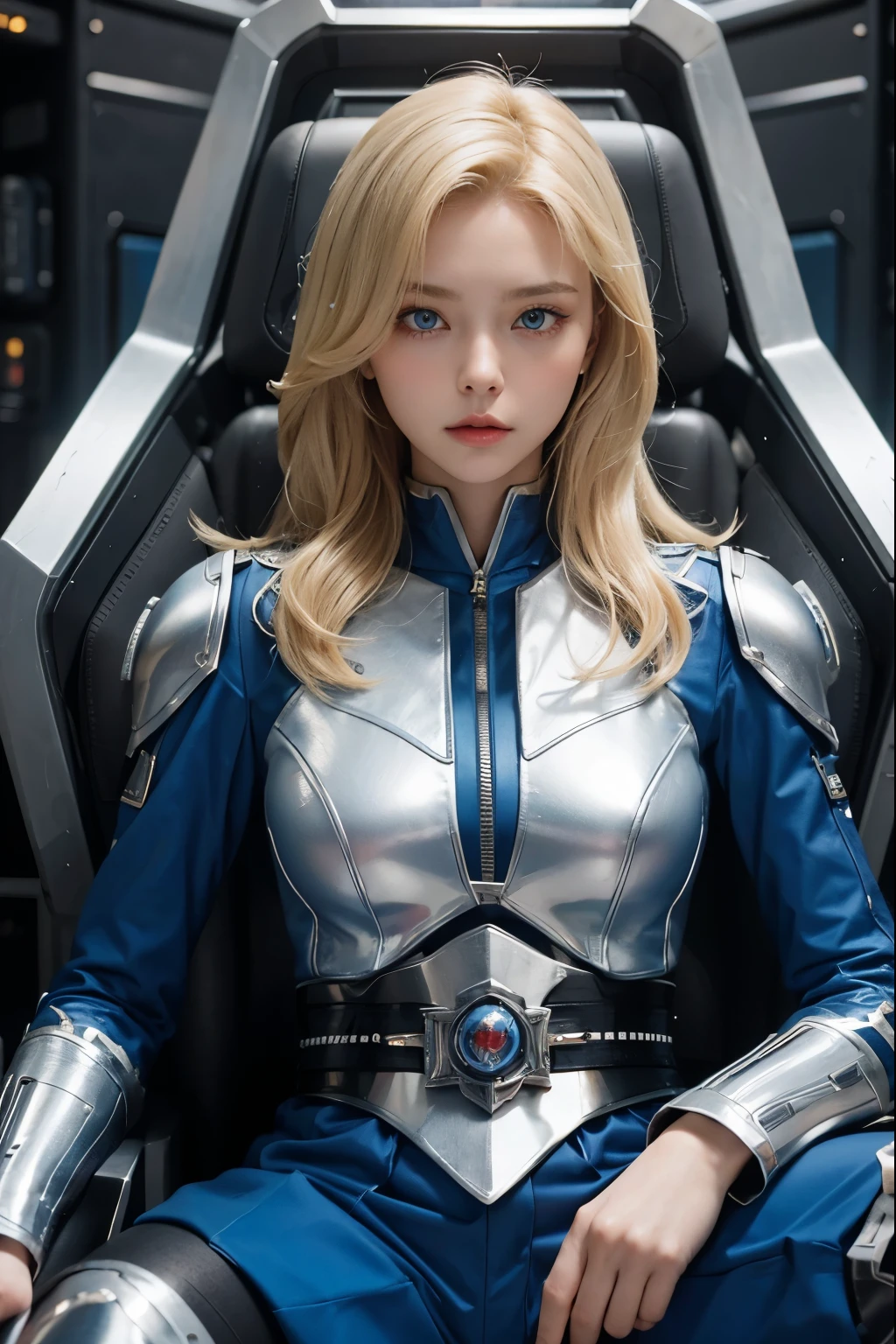 A beautiful woman. Blonde hair and blue eyes. Twenty-two years old. She is looking at the camera with a defiant expression. She wears a silver metallic battle uniform. There is something on her waist that is reminiscent of Kamen Rider's transformation belt. She is sitting in the command seat of a space battleship. The command seat is covered in leather and is extremely luxurious.