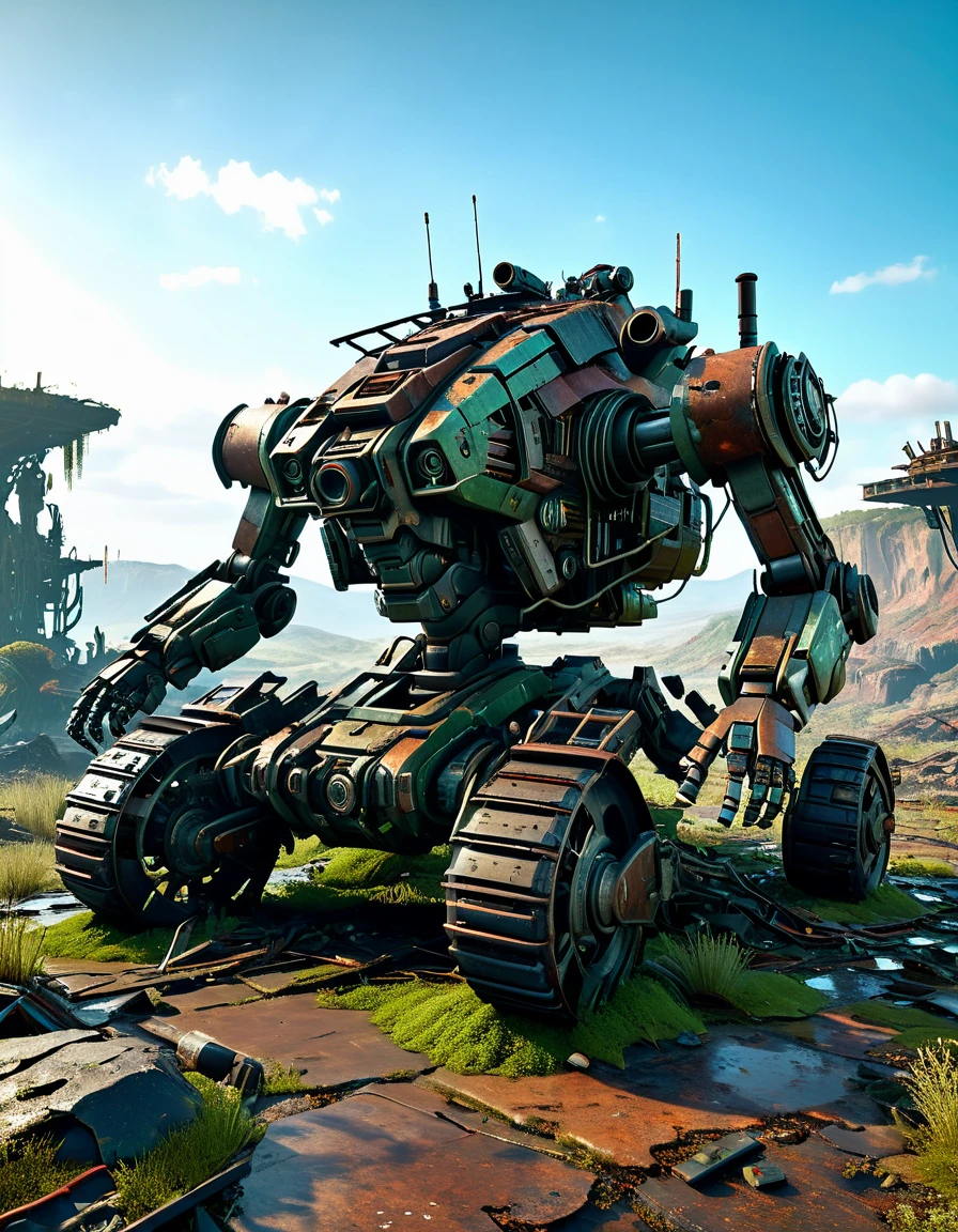 (full-body shot) , ((1 abandoned mecha lying on the ground,Covered in rust,covered with moss)), Wasteland,(Damaged rusty metal casing),(missing limbs:1.3),(Bare wires),Extinguished electronic eye,(Remains Cliff),Overgrown wasteland,(Broken gears and metal pieces),broken glass,swaying weeds,tragic sunset,afterglow,Ruined world background,(global illumination, Ray tracing, high dynamic range, Unreal rendering, Reasonable design, high detail, masterpiece, best quality, ultra high definition, light),3d style