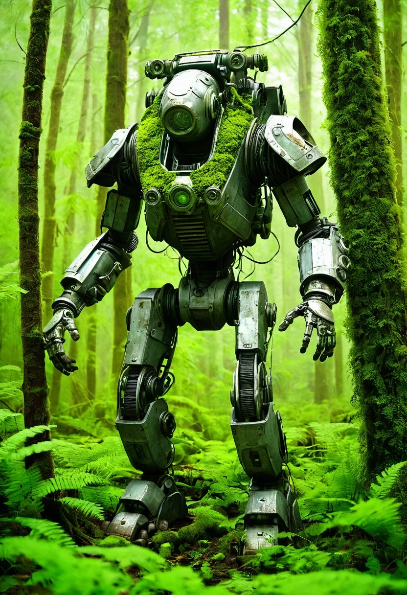 In a post-apocalyptic world, nature has triumphed over technology. An abandoned mechanical exosuit, once a symbol of human advancement, now stands forgotten in a lush forest. Vines and plants have woven themselves intricately around its metal frame, reclaiming it for the earth. Moss blankets the joints, and ferns burst from the seams. The exosuit's visor is cracked, revealing a glimpse of the verdant world within. In the background, towering trees and a soft mist hint at the passage of time, as nature thrives in the absence of humanity's presence.