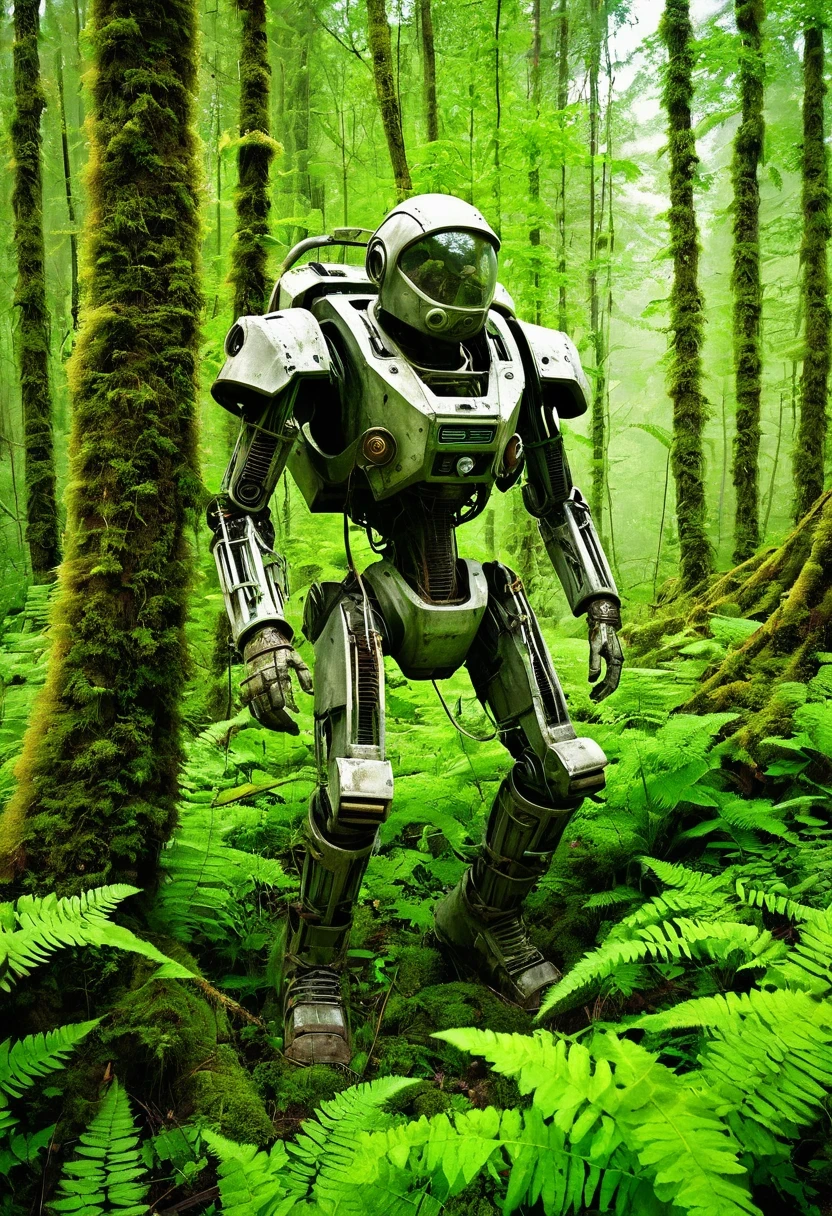 In a post-apocalyptic world, nature has triumphed over technology. An abandoned mechanical exosuit, once a symbol of human advancement, now stands forgotten in a lush forest. Vines and plants have woven themselves intricately around its metal frame, reclaiming it for the earth. Moss blankets the joints, and ferns burst from the seams. The exosuit's visor is cracked, revealing a glimpse of the verdant world within. In the background, towering trees and a soft mist hint at the passage of time, as nature thrives in the absence of humanity's presence.