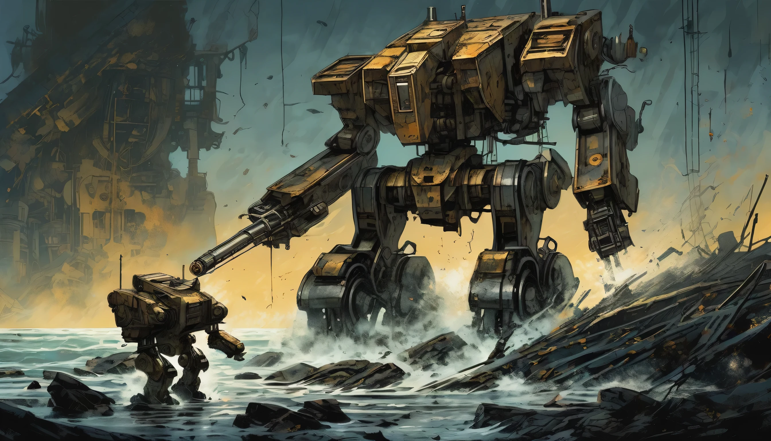 (((stunning detail grunge illustration of Abandoned Mech:1.3))), The wide dark sea stretches out before, broken machine, My chest is gouged out, out of energy, alone in a desolate world, dark long sleep, traces of fierce battle remain, hand reaching towards the sky in a futile attempt to grasp something beyond its reach, majestic nature of inside, breathtaking quadrupedal machine, all body moss on it, oil residue is attached, rusted and torn arm, (((dark natural illustration:1.3))), Burnt Gatling gun, shoulder shield, fantastic mammoth like mech, crystal clear detail, light off, insane gears and pipes, natural and shadow, waves crash against the rocks below., machinery to shimmering mist, intricate machinery, (((intricate detail illustration:1.3))), high contrast, fine brush stroked,