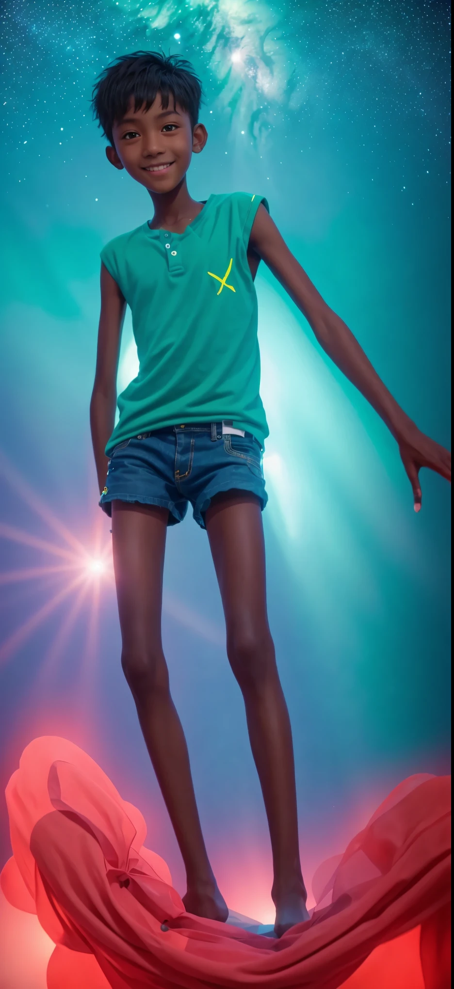 young boy 14 years old,brown skin,blue sports shorts,Bright neon green vest,,big eyes,very short hair,Tall and skinny,full-body shot,a junior high school student,Smile,real life,Highest quality,8k,aurora,Mars,outer space,Jupiter