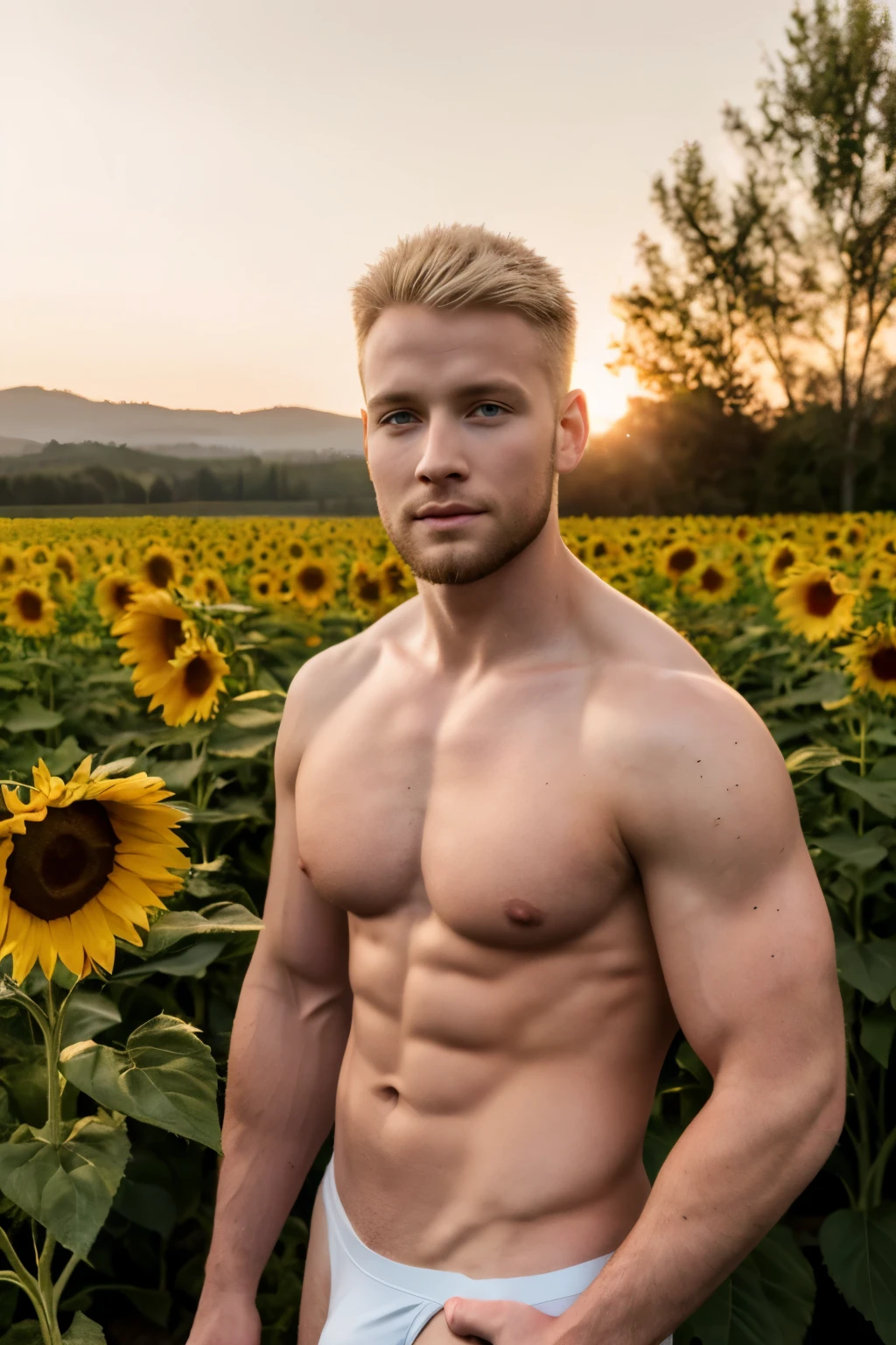 a young albino male model, athletic build, shirtless, only wearing white thong underwear, sexy, strong confident pose, sunflower field, (best quality, 4k, 8k, highres, masterpiece:1.2), ultra-detailed, (realistic, photorealistic, photo-realistic:1.37), HDR, UHD, studio lighting, highly detailed eyes and face, vibrant colors, bokeh