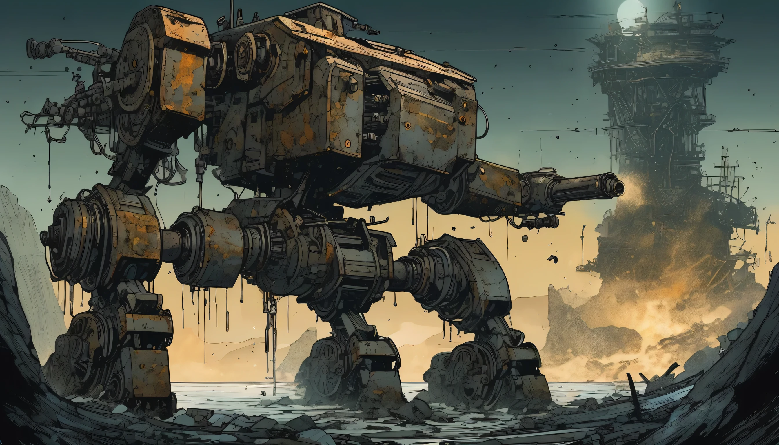 (((stunning detail grunge illustration of Abandoned Mech:1.3))), The wide dark sea stretches out before, broken machine, My chest is gouged out, out of energy, alone in a desolate world, dark long sleep, traces of fierce battle remain, hand reaching towards the sky in a futile attempt to grasp something beyond its reach, majestic nature of inside, breathtaking quadrupedal machine, all body moss on it, oil residue is attached, rusted and torn arm, (((dark natural illustration:1.3))), Burnt Gatling gun, shoulder shield, fantastic mammoth like mech, crystal clear detail, light off, insane gears and pipes, natural and shadow, waves crash against the rocks below., machinery to shimmering mist, intricate machinery, (((intricate detail illustration:1.3))), high contrast,