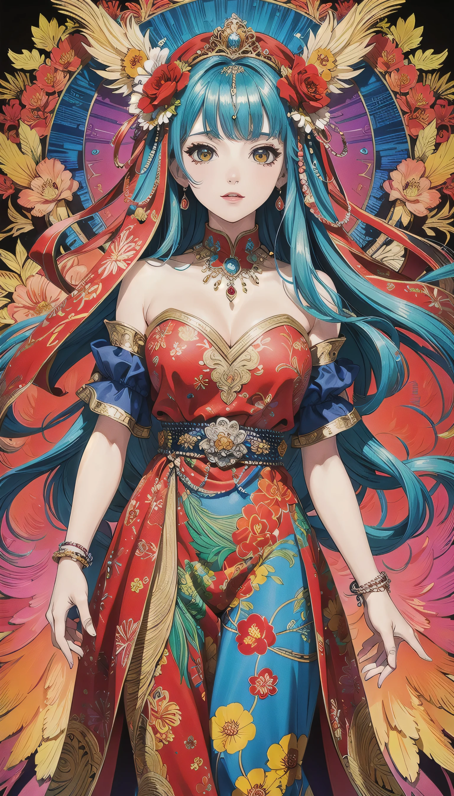  masterpiece,top quality,best quality,official art,Beautiful and beautiful,(1 girl:1.2),Very detailed,(Fractal art:1.1),rich and colorful,flowers,most detailed,tangled,abstract background,skin shiny,Many colors,feather,