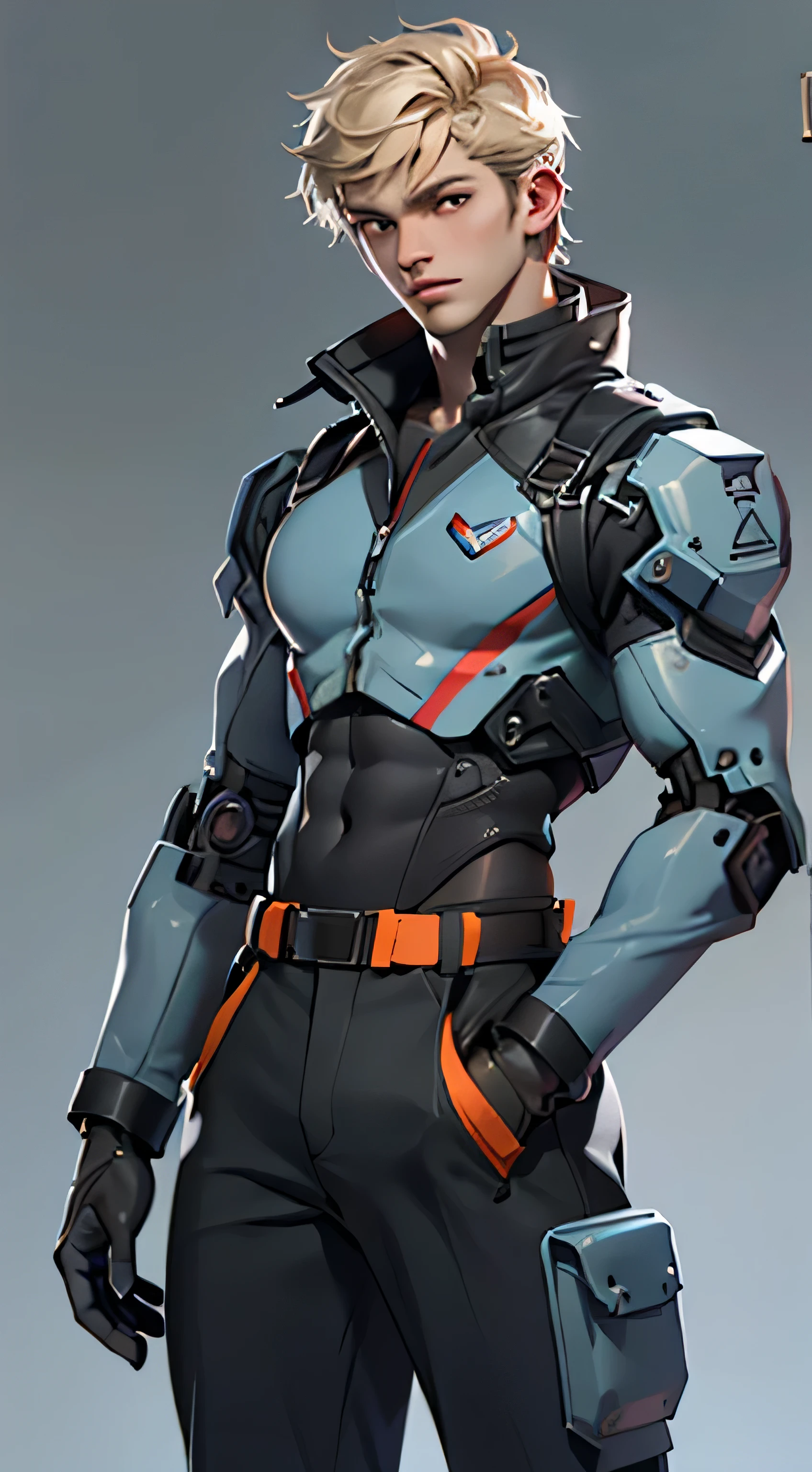 11:23(((best quality: 1.4))),(An unparalleled masterpiece), (super high quality),(Hyper-realistic 8K CG)、(light color short hair),(delicate face),(Cross your waist with one hand),(Tech mech), ((( Body))), (((1 male))), 25-year-old American soldier with perfect Body,,Beautiful and well-groomed face,muscular Body:1.2, (Pictures from head to thighs), Complex equipment, Tachibana,Pants,The clothes inside are dark,Clothes with armored metal electronic parts
