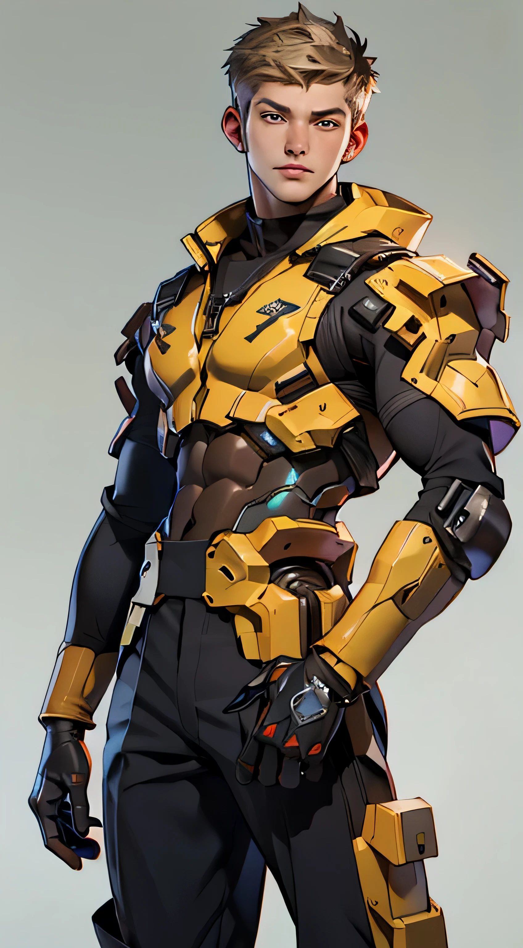 11:23(((best quality: 1.4))),(An unparalleled masterpiece), (super high quality),(Hyper-realistic 8K CG)、(light color short hair),(Cross your waist with one hand),(Tech mech), ((( Body))), (((1 male))), 25-year-old American soldier with perfect Body,,Beautiful and well-groomed face,muscular Body:1.2, (Pictures from head to thighs), Complex equipment, Tachibana,Pants,The clothes inside are dark,Clothes with armored metal electronic parts