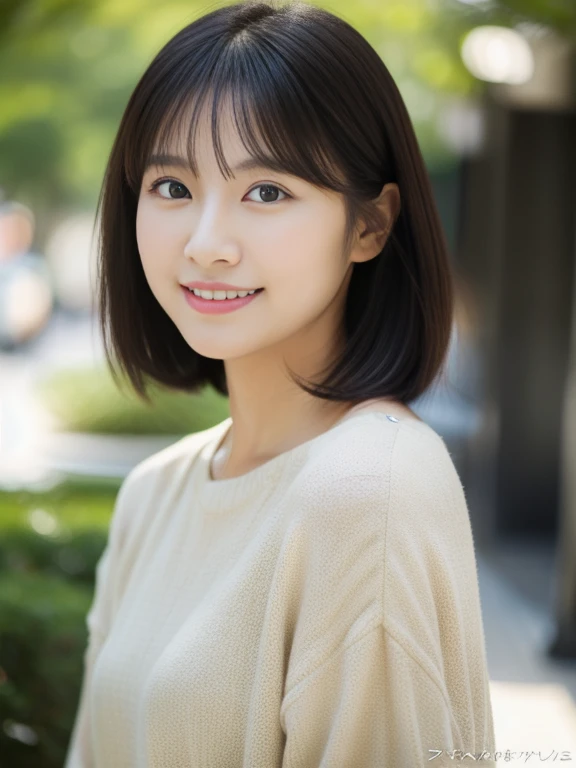 Portrait、8k、high quality、realistic photo images、29-year-old、japanese woman、neat wife、、housewife、Reproduces natural and realistic eyes、japanese stand、beautiful black hair、short hair、light makeup、octane rendering、beautiful lighting、composition of golden ratio、laughter、everyday wear、casual clothes、natural background、blurred background、High level image quality、Pure Japanese humanity、beautiful wife、Upper body、light makeup、No makeup、pure beauty、plain clothes、grey、beige、green、Plain color、casual clothes、slight smile、small black eyes、background bokeh