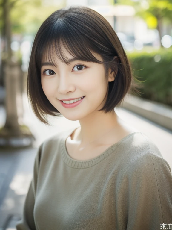 Portrait、8k、high quality、realistic photo images、29-year-old、japanese woman、neat wife、、housewife、Reproduces natural and realistic eyes、japanese stand、beautiful black hair、short hair、light makeup、octane rendering、beautiful lighting、composition of golden ratio、laughter、everyday wear、casual clothes、natural background、blurred background、High level image quality、Pure Japanese humanity、beautiful wife、Upper body、light makeup、No makeup、pure beauty、plain clothes、grey、beige、green、Plain color、casual clothes、slight smile、small black eyes、background bokeh