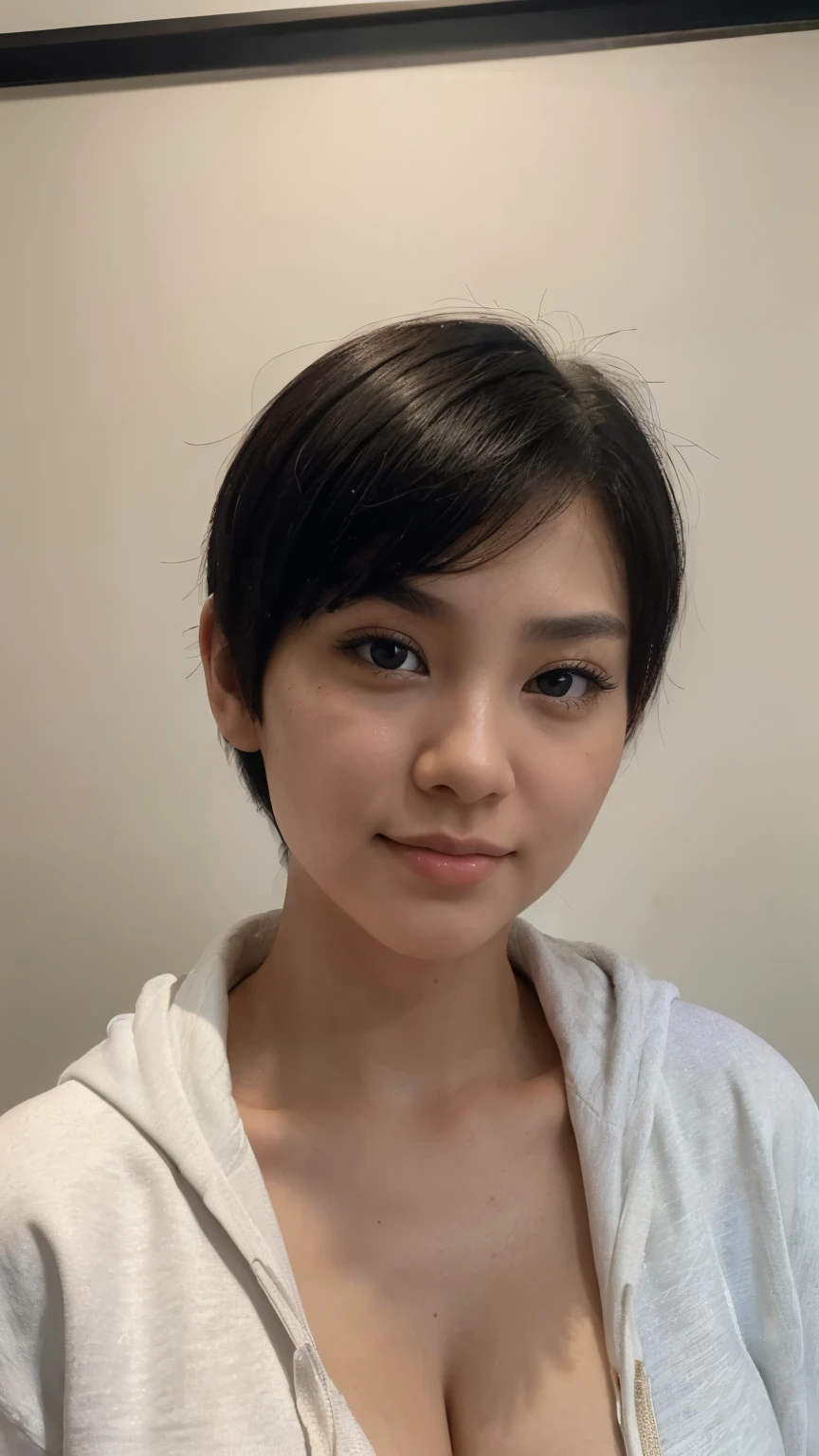 ((best quality)), ((masterpiece)), (detailed), perfect face, a short hair Chinese girl smiling to the camera Chinese girl using white hoodie and only her half upper body show on the photos, His short hair was a little messy, small breast, flat chest, flat breast, tiny (masterpiece:1.3), (8k, photorealistic, RAW photo, best quality: 1.4), (1girl), beautiful face, (realistic face), (black hair, short hair:1.3), beautiful hairstyle, realistic eyes, beautiful detailed eyes, (realistic skin), beautiful skin, (hoodie), absurdres, attractive, ultra high res, ultra realistic, highly detailed, golden ratio, asian chubby face, chubby face asian, chubby cheeks, asian face, asian, Chinese, Chinese face