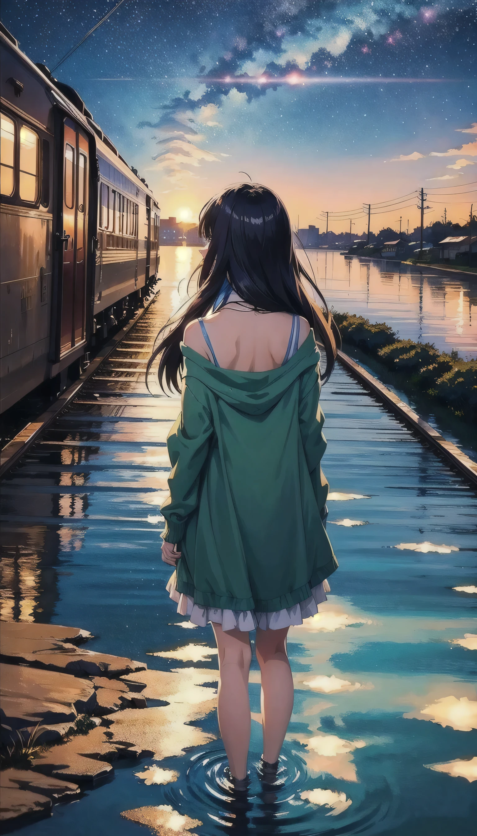 High-quality masterpieces ,(1 girl:1.2), blush powder, French bangs, Colorful hair, elegant long hair.landscape,Cartoon train passing through body of water on rails, sparkling starry sky。romantic train,pure,concept art,Lofi Art style,reflector。 author：Xin Haicheng, Lofi Art, Beautiful anime scene, 動漫landscape, Detailed landscape,Xin Haicheng&#39;s style, Xin Haicheng的風格,Detail enhancement