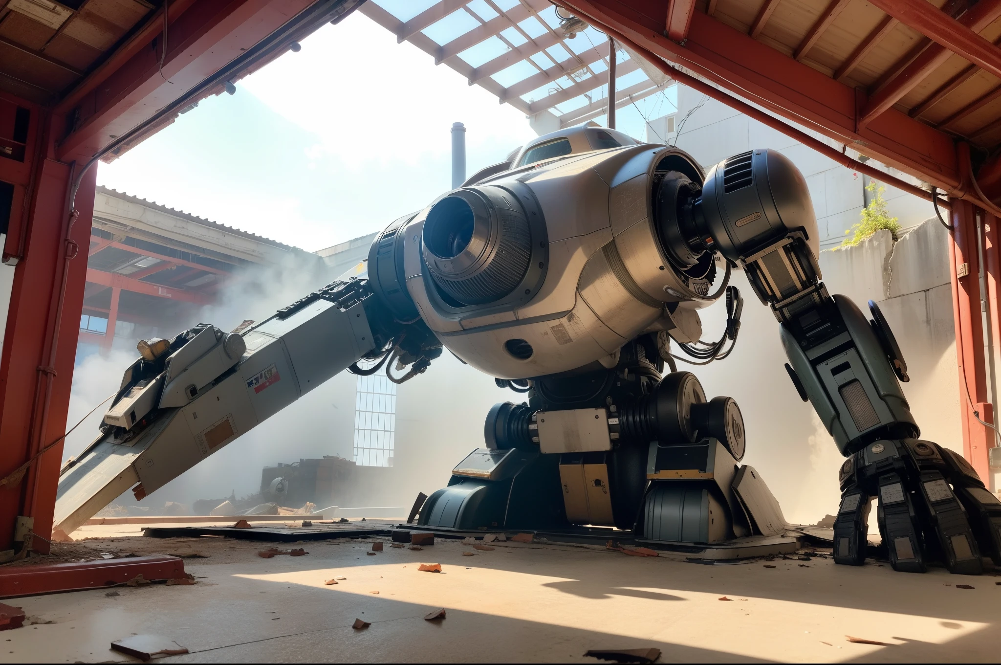 Huge old mecha factory，A huge abandoned mecha was abandoned in an empty corner，Rust mottled，Stump and broken arm，Broken shell，露出内部complicated机械装置，Sunlight shines on the fuselage through the skylight，Tyndall effect，Realistic ray tracing，True light reflection，8k，Super fine，Super realistic，Super detailed，complicated，precise，masterpiece