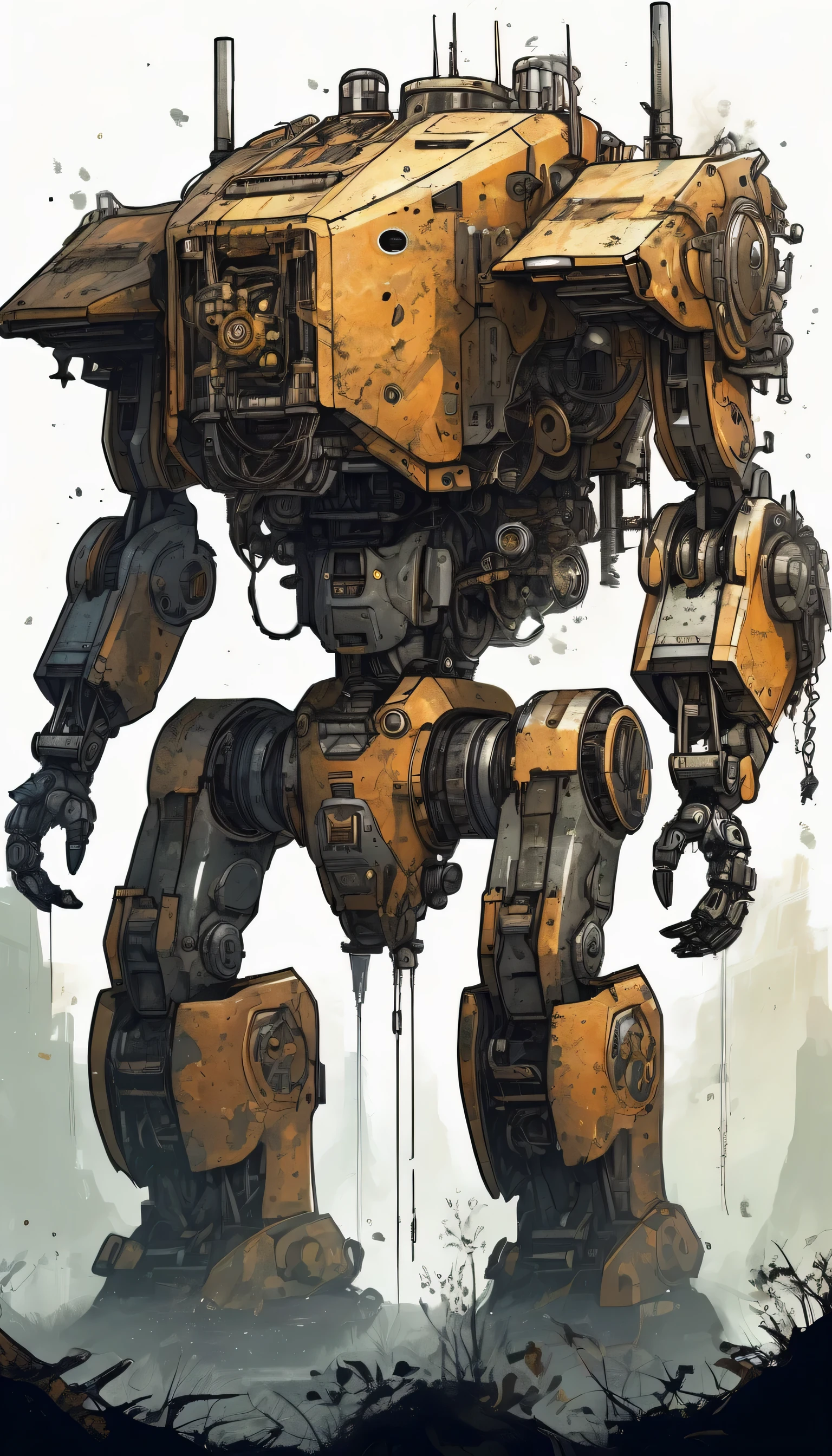 (((stunning detail grunge illustration of Abandoned Mech:1.3))), stylish body, My chest is gouged out, precious being phantom of sky energy, dark long sleep, traces of fierce battle remain, majestic nature of inside, breathtaking quadrupedal machine, all body moss on it, oil residue is attached, rusted and torn arm, (((dark natural illustration:1.3))), Burnt Gatling gun, shoulder shield, fantastic mammoth like mech, crystal clear detail, light off, insane gears and pipes, natural and shadow, machinery to shimmering mist, intricate machinery, (((intricate detail illustration:1.3))), high contrast,