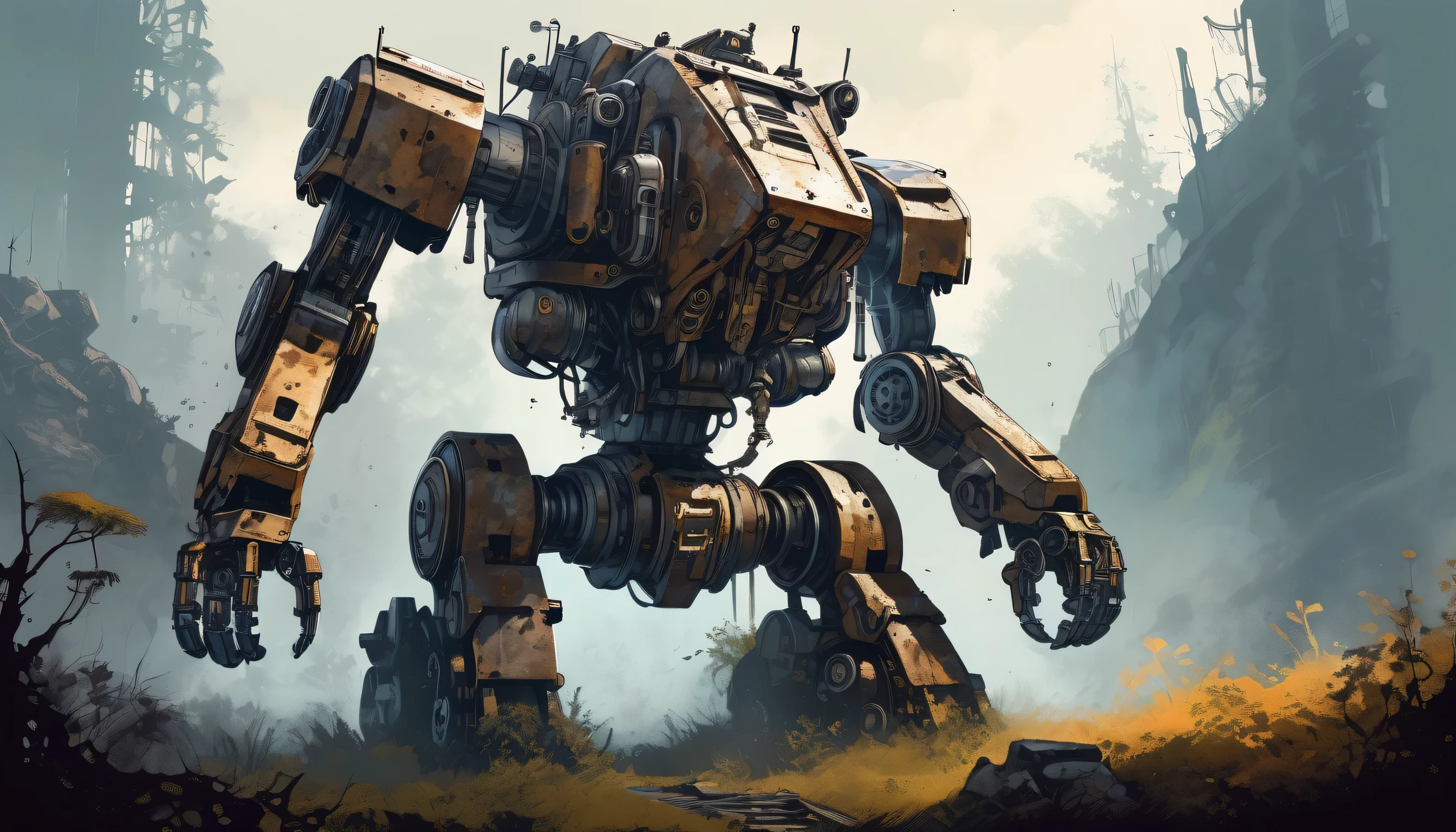 (((stunning detail grunge illustration of Abandoned Mech:1.3))), stylish body, My chest is gouged out, precious being phantom of sky energy, dark long sleep, traces of fierce battle remain, majestic nature of inside, breathtaking quadrupedal machine, all body moss on it, oil residue is attached, rusted and torn arm, (((dark natural illustration:1.3))), Burnt Gatling gun, shoulder shield, fantastic mammoth like mech, crystal clear detail, light off, insane gears and pipes, natural and shadow, machinery to shimmering mist, intricate machinery, (((intricate detail illustration:1.3))), high contrast,