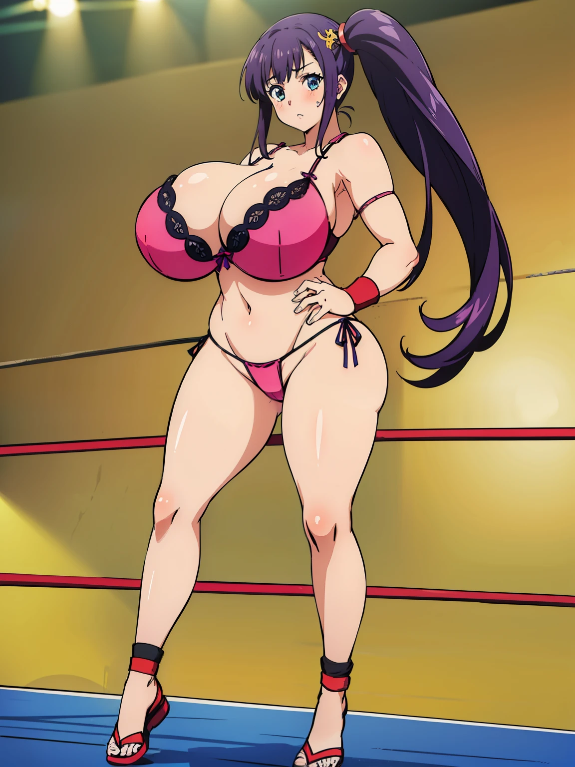 (1girl:1.6), Anime cel drawing style, Best Quality, High resolution, (gigantic breasts:1.6), (bra, Highleg Panties Thong:1.4), Blue eyes, Purple hair, Bangs, Side Ponytail, Hair Ornament, blush, embarrassed, reluctant, looking at viewer, (full body:1.6), (professional wrestling ring:1.5), (perfect hands),