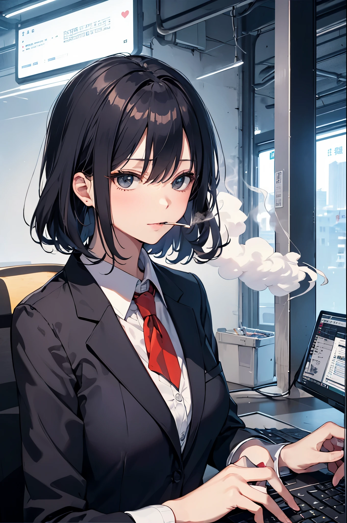 top-quality、Full limbs、complete fingers、Beautiful woman sitting with legs spread on a chair with charts in a stock trading office、Woman in black suit、Black hair shortcut hair、A big smile