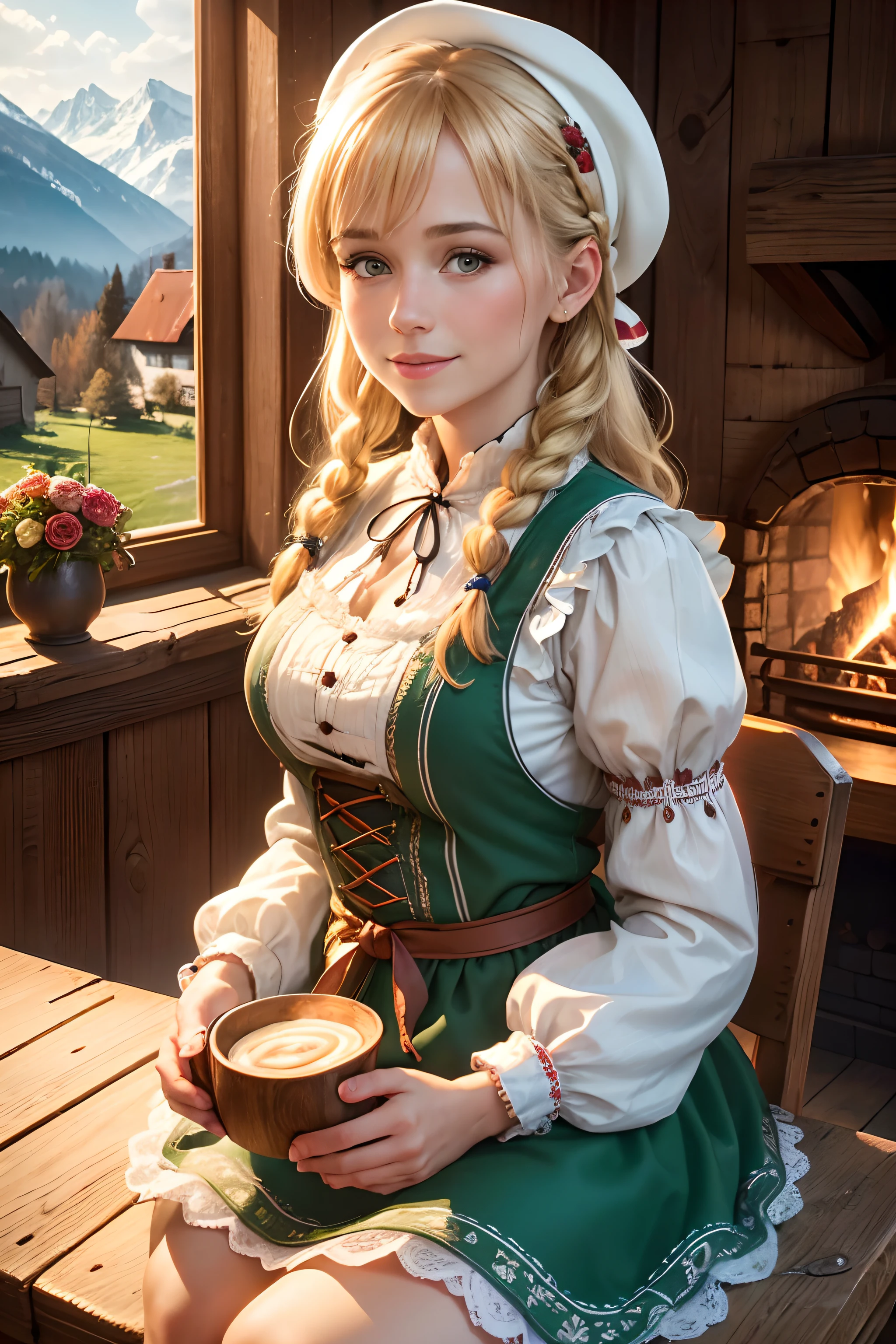 (best quality,4k,8k,highres,masterpiece:1.2),ultra-detailed,(realistic,photorealistic,photo-realistic:1.37),portrait,detailed facial features,27-year-old girl,oktoberfest clothes,blonde hair with braids,cozy chalet,traditional beer festival attire,smiling with rosy cheeks,warm and inviting lighting,wooden interior decor,elegant floral headband,traditional German dirndl dress,braided hair adorned with ribbons and flowers,rustic wooden furniture,crackling fireplace,delicate lace apron,bavarian beer stein,scenic alpine view through the window,vibrant autumn colors,elegant embroidery on the dress,cute heart-shaped buttons,flowing skirt,puffy sleeves,crossed lace-up bodice,brightly colored checked pattern,traditional white blouse with puffed sleeves,soft and cozy sweater,detailed wooden carvings,traditional alpine patterned curtains,delicious pretzels and sausages on a wooden table,steaming hot mug of mulled wine,cheerful atmosphere,joyful celebration,authentic German beer garden background,leafy green backdrop,traditional Alpine hat and feather,delightful afternoon in the Bavarian countryside.