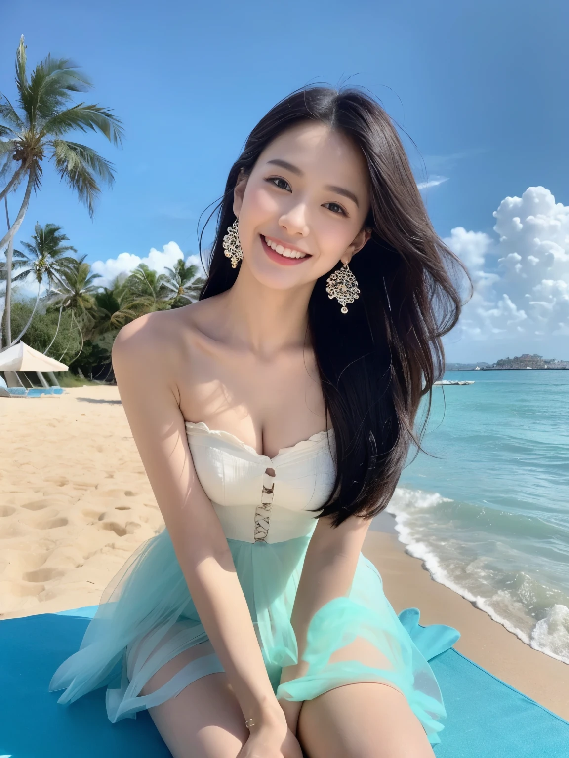 A young and beautiful,Beautiful cute girl,half-body photo。Extremely beautiful and delicate,Black color hair,A sweet smile,Delicate and beautiful fair skin,Realistic and realistic,exquisite and complete facial features,Detailed depiction of the face,tall nose bridge,Smooth hair,extremely detail hair,Feminine temperament,with a well-proportioned body,Realiy,White teeth,Tied up with hair,Hyper-realism,sandals,Extreme picture quality,Highest precision,Precise and perfect human anatomy。with blue sky and white clouds,rays of sunshine,(Tutu dress)(telephoto shot,)Express the landscape,Under coconut trees,Highlight portrait。Sitting on the beach by the sea。Wearing earrings,Sideways photo,