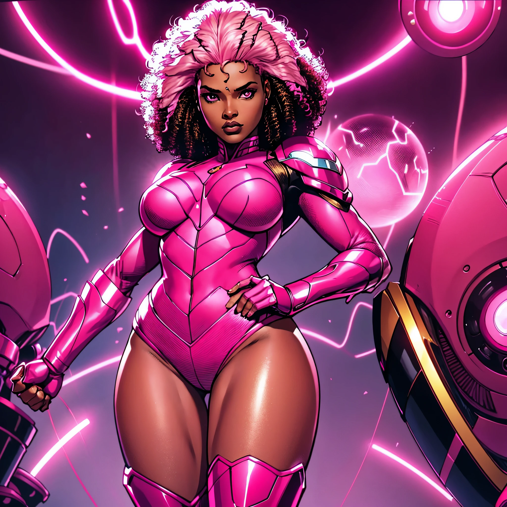 A young black superhero woman, with an afro and pink eyes And a short pink ando gold suit that shows off her thighs, which highlights her thighs