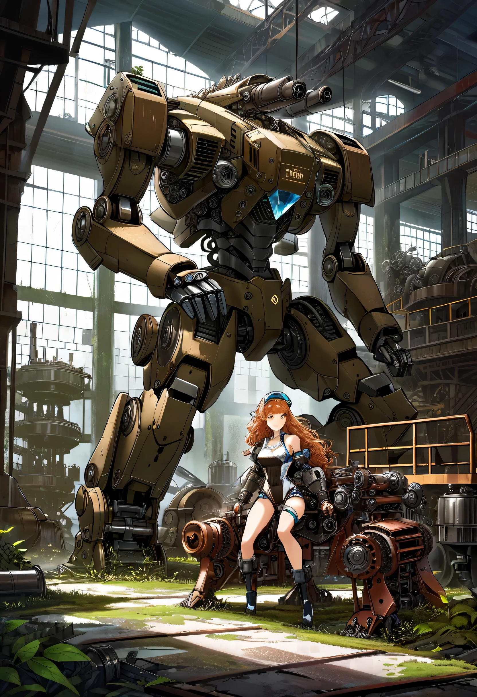 abandoned in an abandoned factory, apocalypse legacy, (((stunning Abandoned Mech:1.3))), Kneeling pose, majestic nature of inside, breathtaking quadrupedal machine, all body moss on it, oil residue is attached, rusted and torn arm, (((dark natural illustration:1.3))), Burnt Gatling gun, shoulder shield, fantastic mammoth like mech, crystal clear detail, light off, insane gears and pipes, natural and shadow, machinery to shimmering mist, intricate machinery, (((intricate detail illustration:1.3))), high contrast,