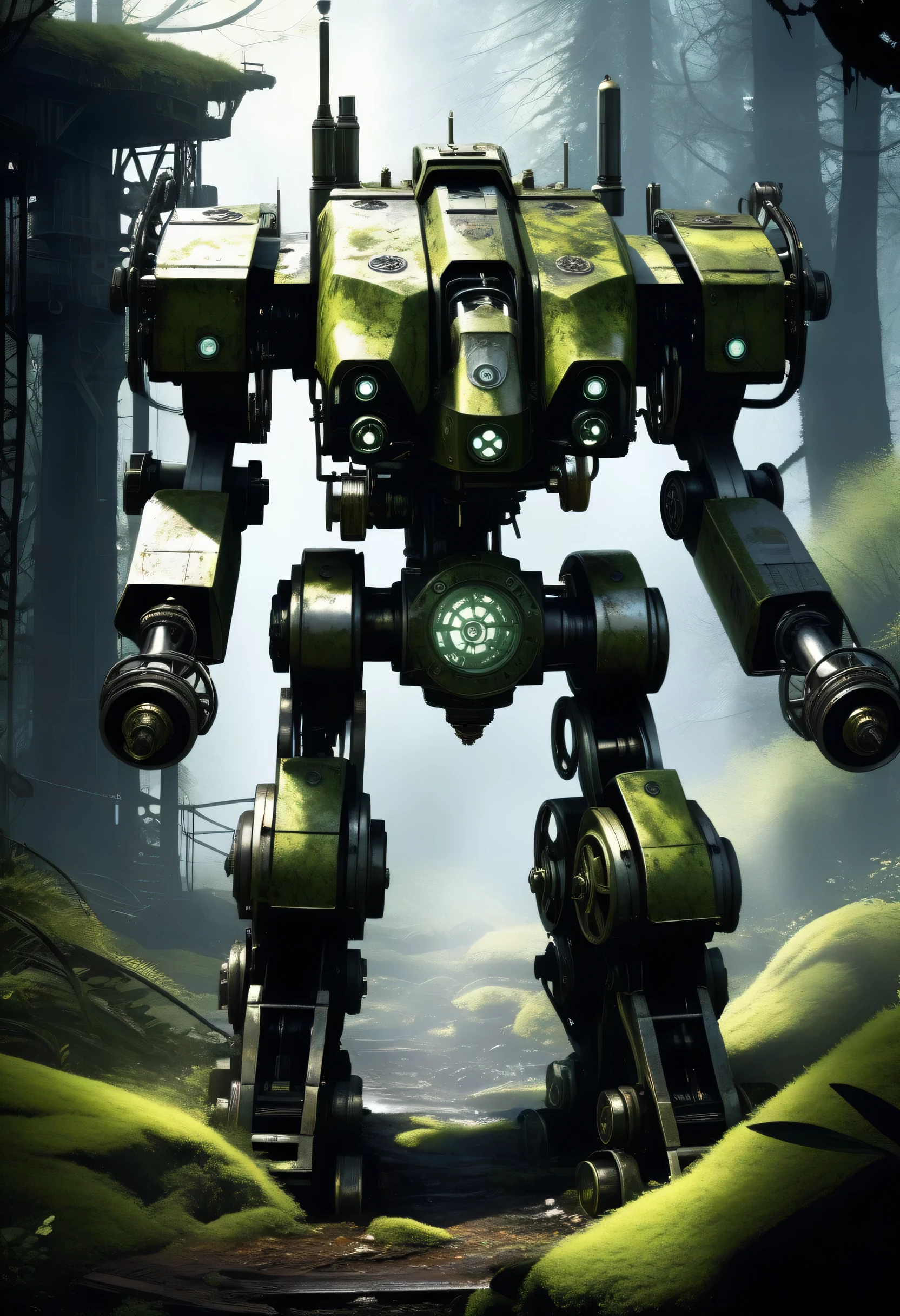 steampunk-inspired of after apocalypse world, (((stunning Abandoned Mech:1.3))), majestic, breathtaking brake quadrupedal machine, there's moss on it, (((dark and natural-ray illustration:1.3))), Burnt Gatling gun, shoulder shield, fantastic, crystal clear detail, light off, insane gears and pipes, natural glow and shadow, machinery to shimmering mist, intricate machinery, (((intricate detail illustration:1.3))), high contrast,