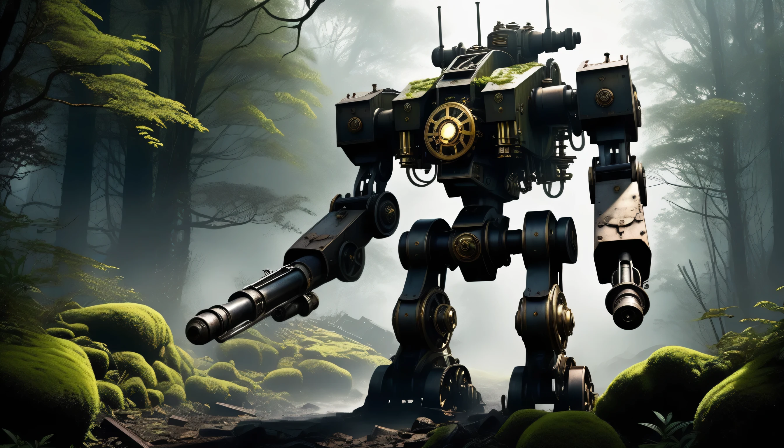 steampunk-inspired of after apocalypse world, (((stunning Abandoned Mech:1.3))), majestic, breathtaking brake quadrupedal machine, there's moss on it, (((dark and natural-ray illustration:1.3))), Burnt Gatling gun, shoulder shield, fantastic, crystal clear detail, light off, insane gears and pipes, natural glow and shadow, machinery to shimmering mist, intricate machinery, (((intricate detail illustration:1.3))), high contrast,