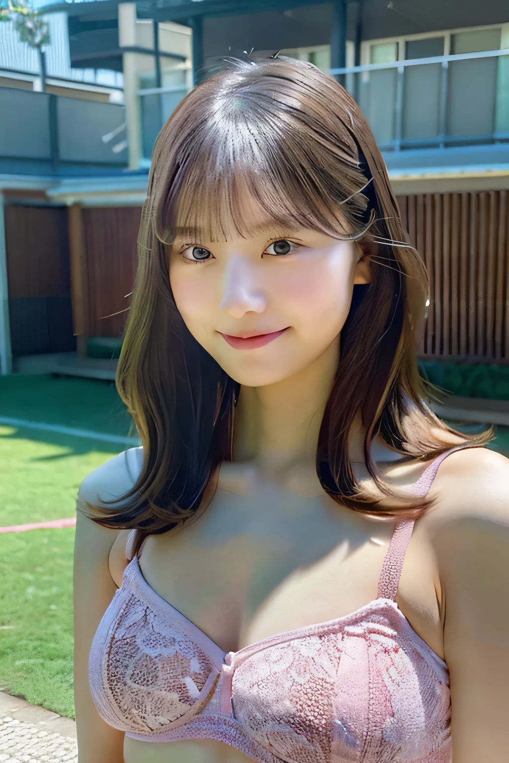 Solo Focus, 1girl in, (lightsmile:0.8), [:(extra detailed face):0.1], Detailed eyes,// (rikujou, athletic field),// (PINK Underwear, With lace, off shoulders, strapless), //  black and brown hair, Long hair, flat bangs,// Cinematic Light, Ray tracing, high quality shadow, (absurderes, masutepiece, Realistic, Photorealistic:1.2), Perfect Anatomy, Physically-based rendering, modernist, Huge breasts