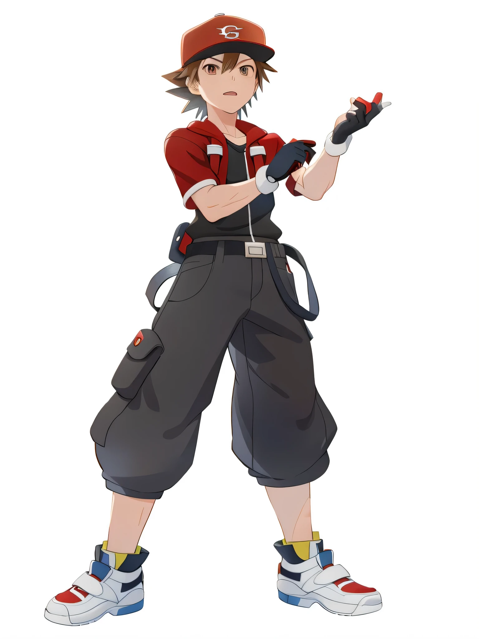 a cartoon pokémon masterpiece image of a person with a red baseball cap and a glove, sora, from kingdom hearts, brown hair, amber eyes, single character full body, sora from kingdom hearts, male protagonist, jrpg character, full body single character, inspired by Yamagata Hiro, inspired by Sakai Hōitsu, full body character, full body render, akihiko yoshida!, wondering town with a map in hand, looking up at the sky facing viewer