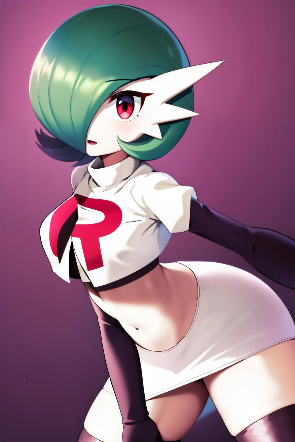 masterpiece, best_quality, 1girl, solo, gardevoir, creatures \(company\), game freak, nintendo, pokemon, pokemon \(game\), bangs, colored skin, female focus, gen 3 pokemon, green hair, green skin, hair over one eye, multicolored skin, pokemon \(creature\), red eyes, short hair, two-tone skin, white skin, team rocket,team rocket uniform,white skirt,red letter R,crop top,black thigh-highs,black elbow gloves