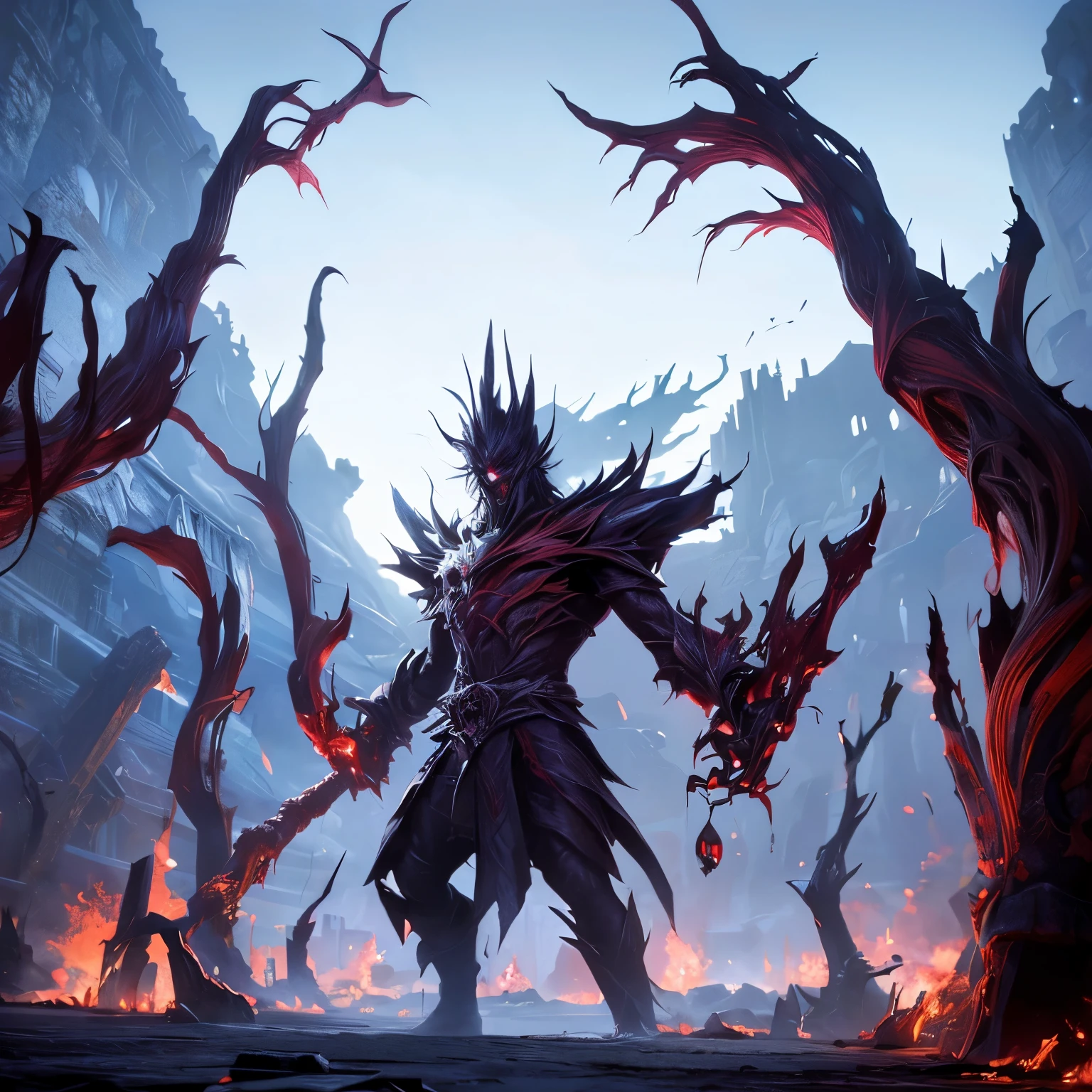 Artwork that  depicts a dark, sinister landscape dominated by deep crimson hues. In the foreground, a monstrous, shadowy figure with glowing red eyes emerges from a river of blood, its claws raised in a menacing stance. The river winds its way through a desolate wasteland, with twisted trees and jagged rocks adding to the eerie atmosphere. The sky above is shrouded in darkness, illuminated only by flashes of lightning, hinting at the chaos and violence